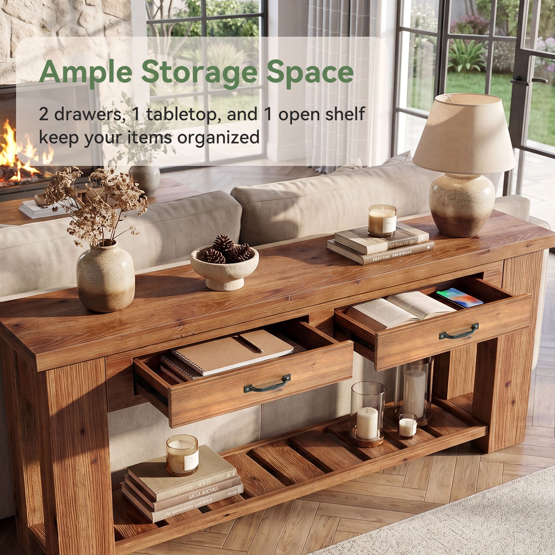 63" Solid Wood Console Table, Entryway Sofa Table with 2 Drawers and Open Slatted Shelf