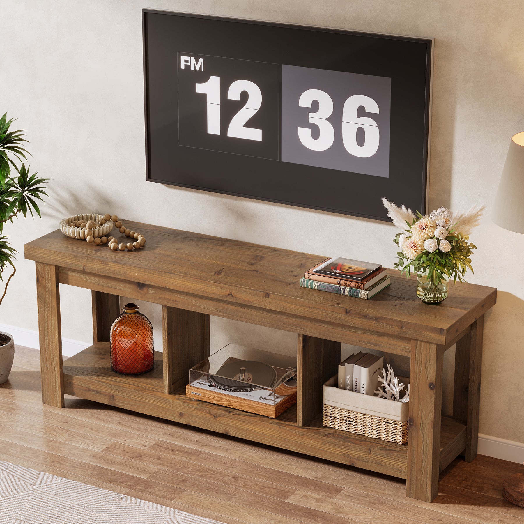 63" Solid Wood TV Stand With 3 Open Shelves for 55/60/65/75-Inch TVs