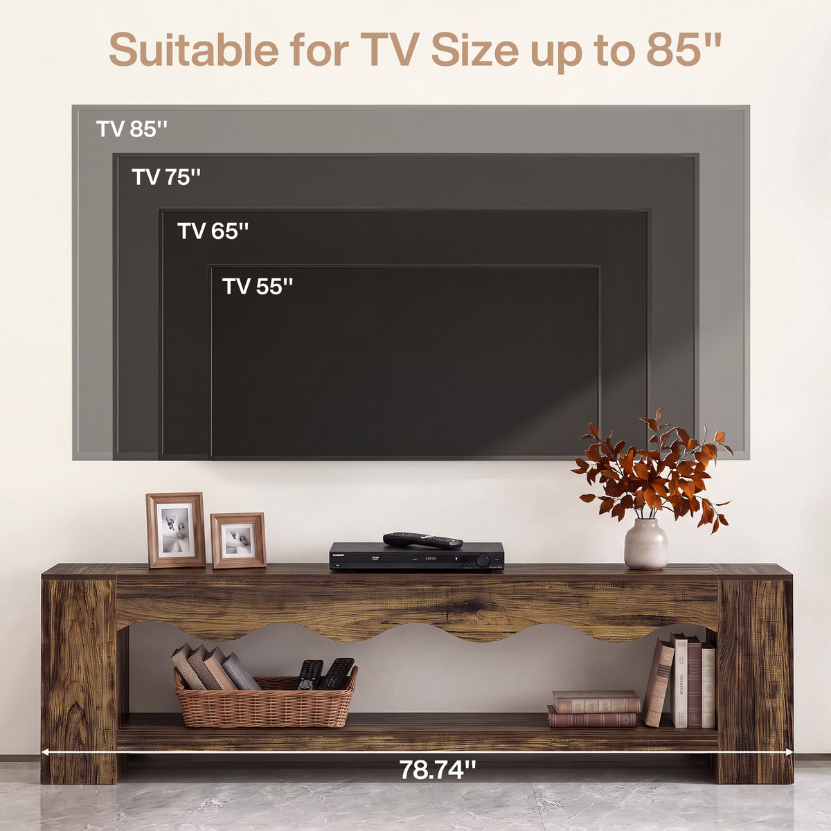 79" TV Stand for TVs Up to 85", Rustic Curved TV Console, Mid-Century Modern