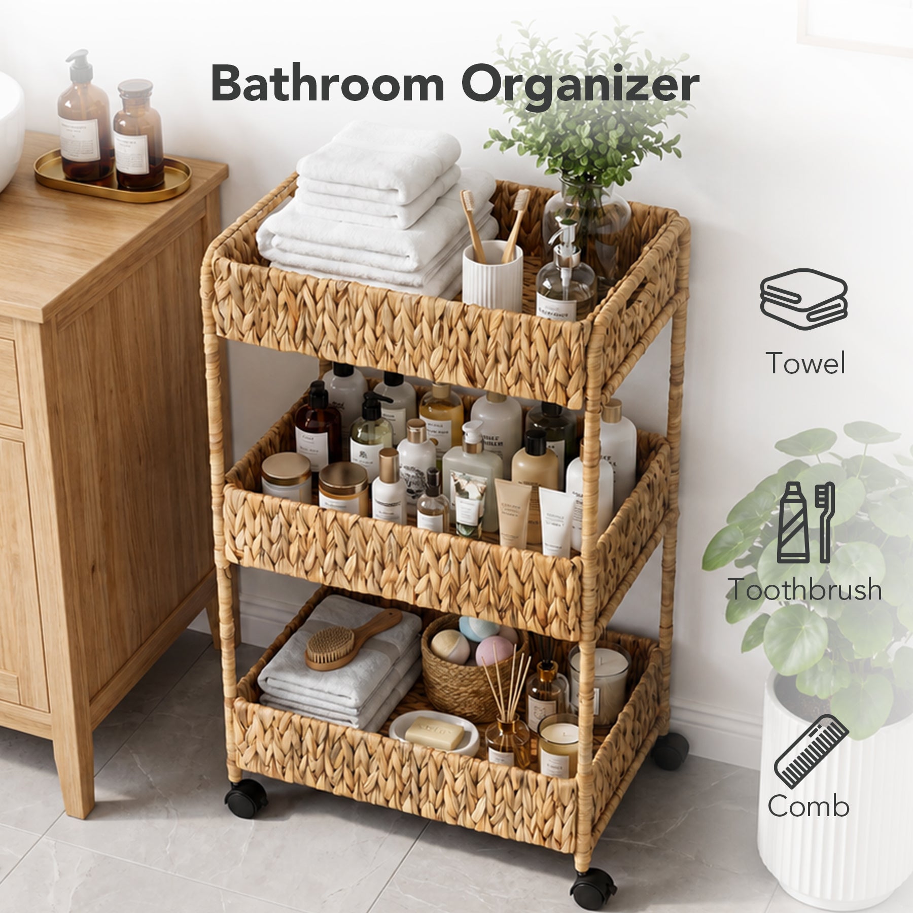 3-Tier Water Hyacinth Rolling Cart, Utility Storage Cart with Wheels for Bathroom Kitchen