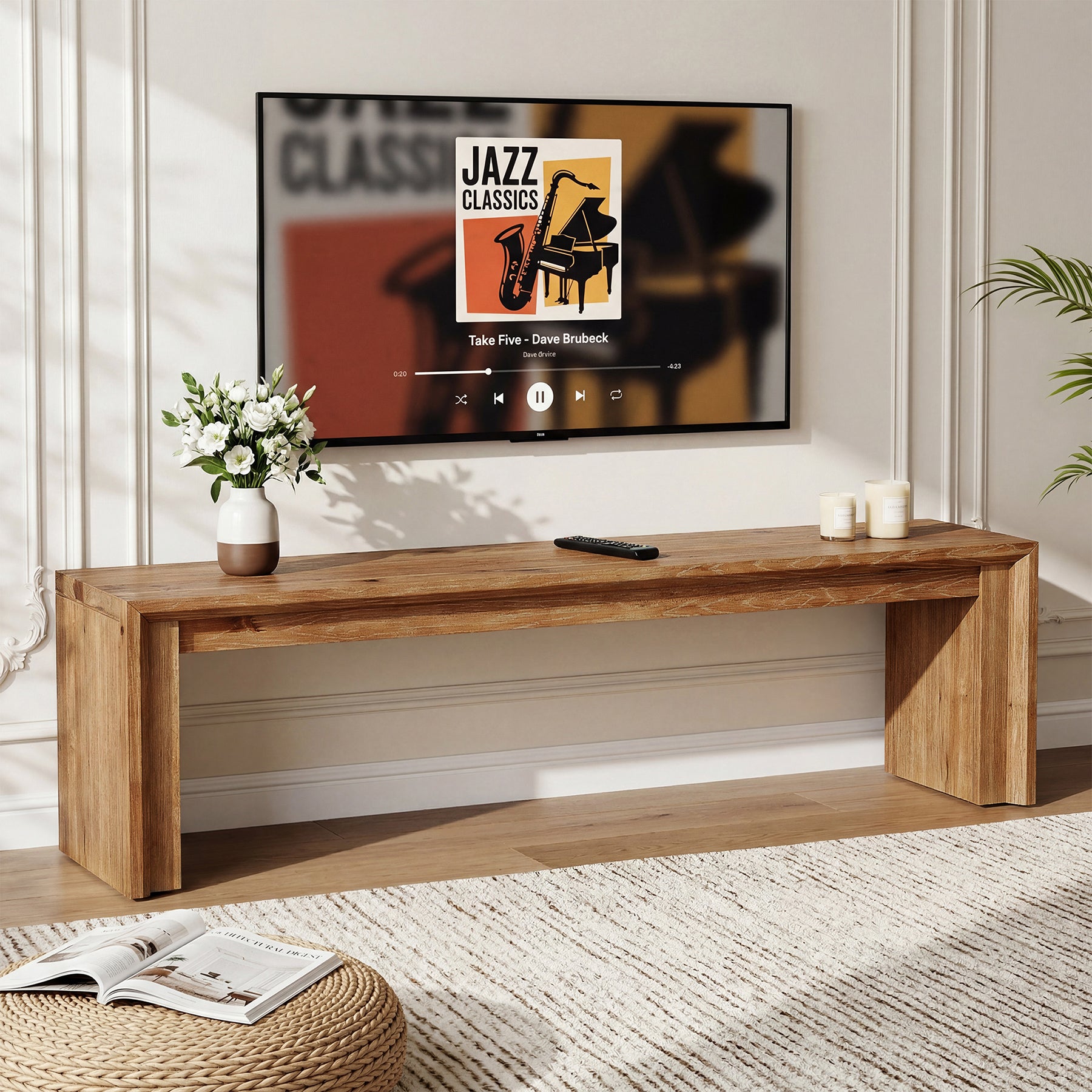 63" Solid Wood TV Stand for 65" TV, Farmhouse  Entertainment Center Low Media Console