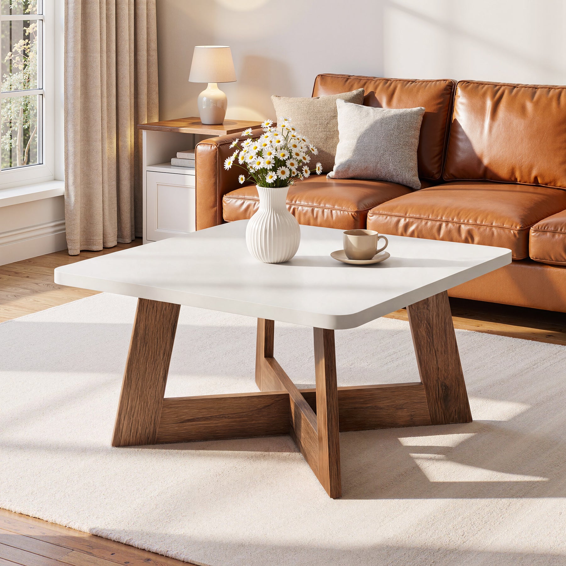 31.5" Square Coffee Table, Modern Cocktail Table with Reinforced Cross Brace for Living Room