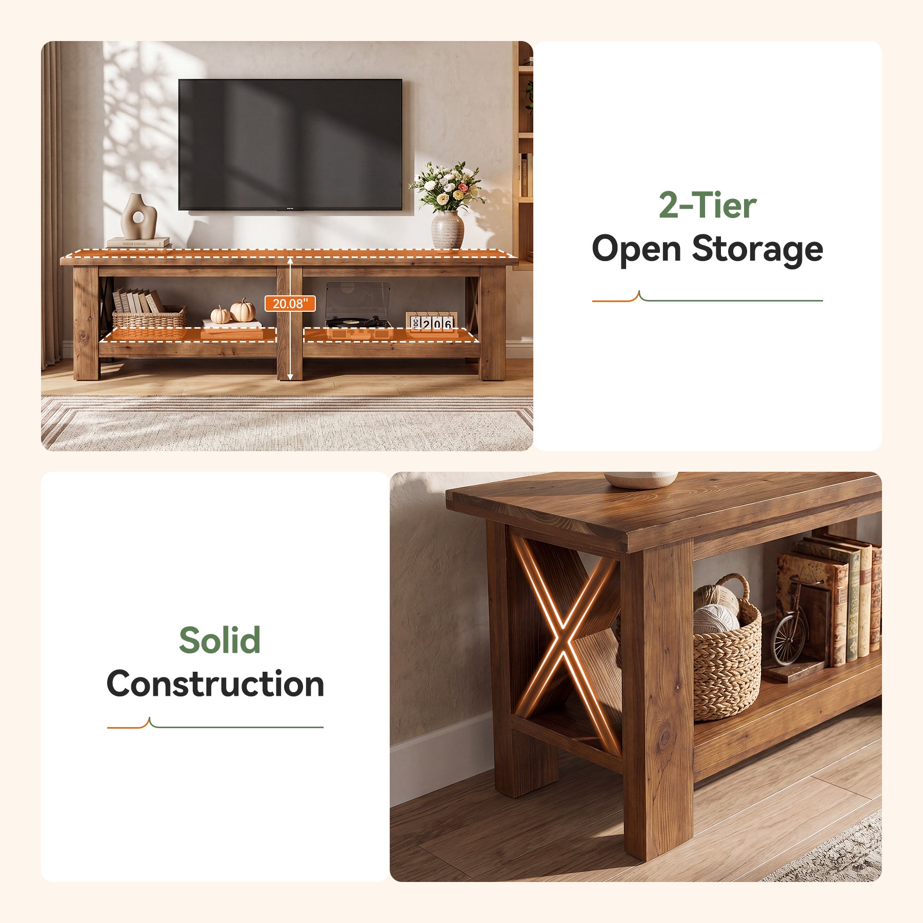 70.87" Solid Wood TV Stand for TVs up to 80", Farmhouse Entertainment Center with Storage Shelves