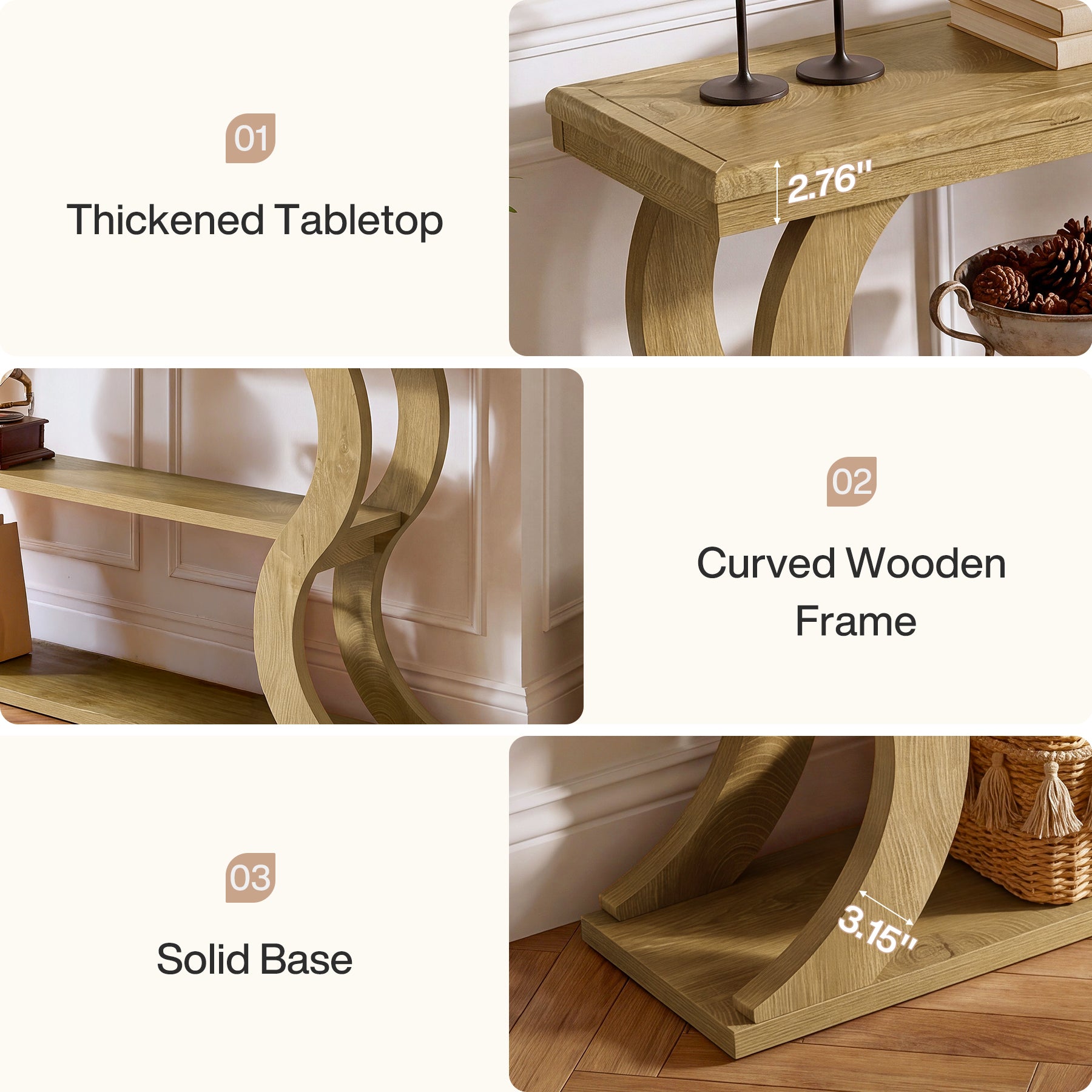 55" Console Table, Farmhouse Entryway Table Sofa Tables with 3-Tier Storage