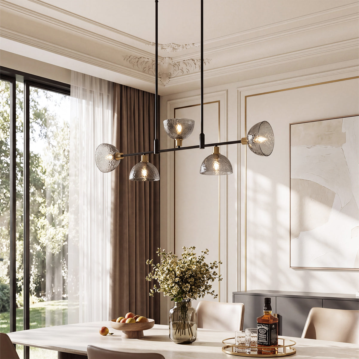 5-Light 39" Black Linear Chandelier, Modern Smoke Gray Glass Pendant Light
