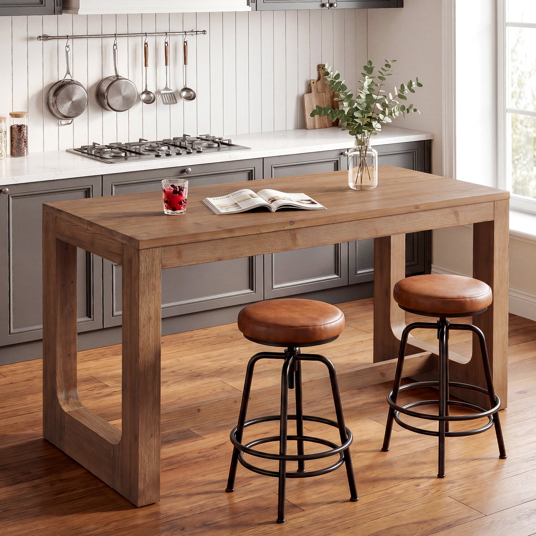 63" Solid Wood Home Bar Table, Counter Height Table with Spacious Tabletop
