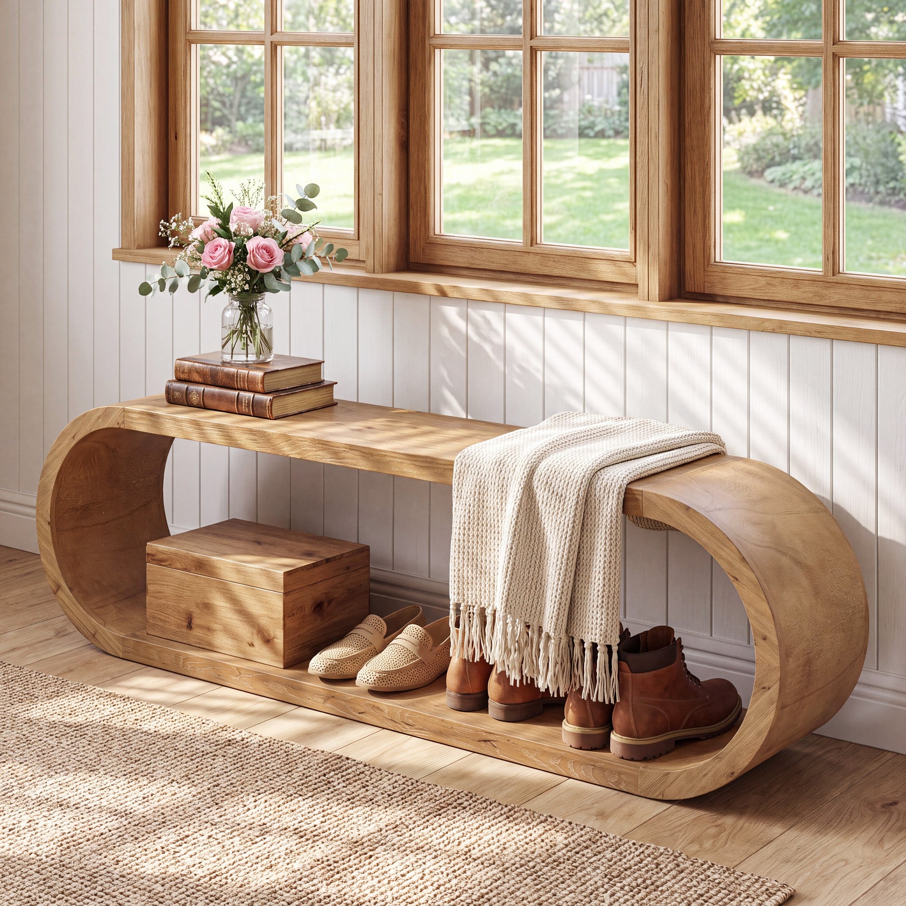 70.8" Entryway Bench, 2-Tier Solid Wood Shoe Bench for Hallway & Bedroom