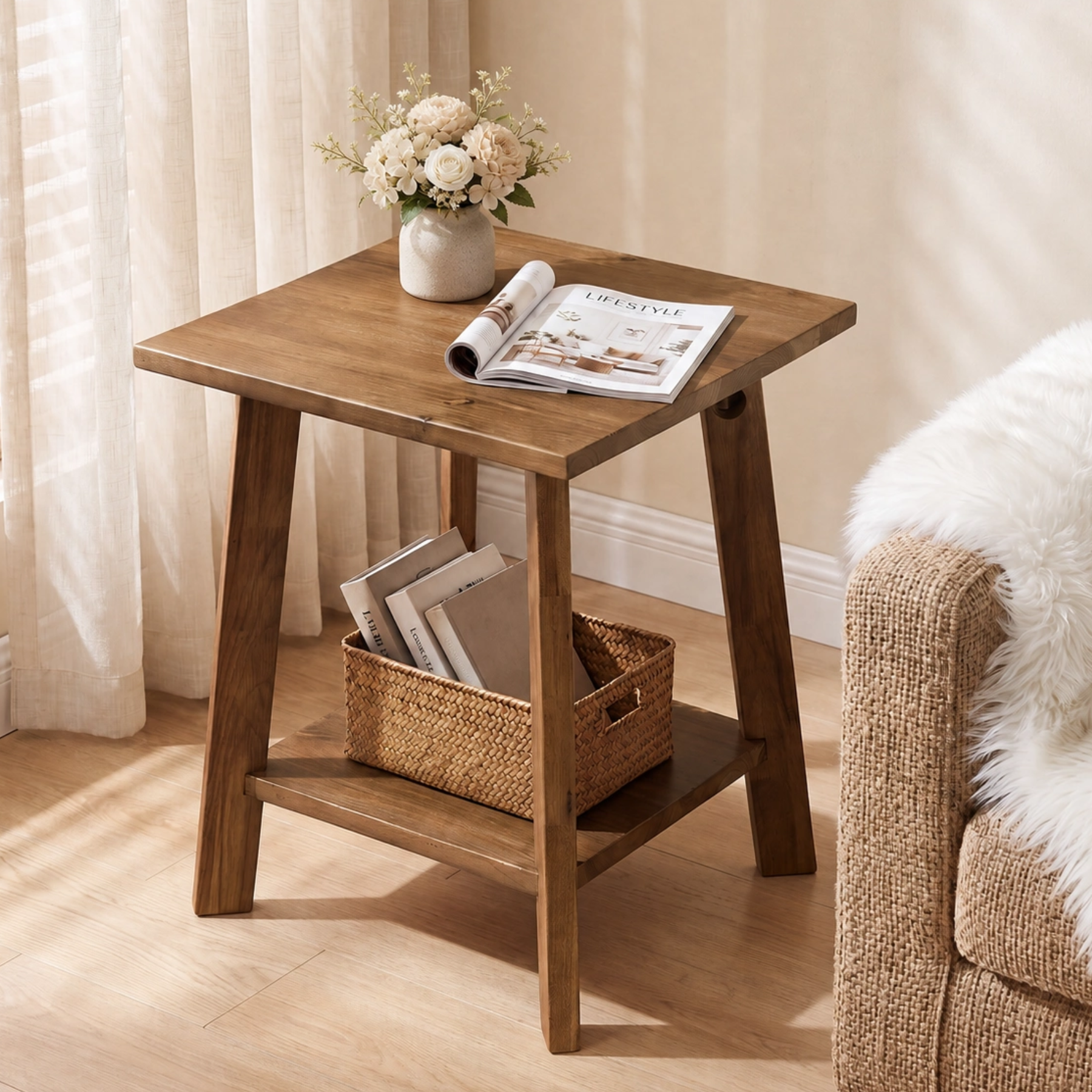 19.69" Solid Wood End Table, Small Side Table with 2-Tier Storage Shelf for Living Room