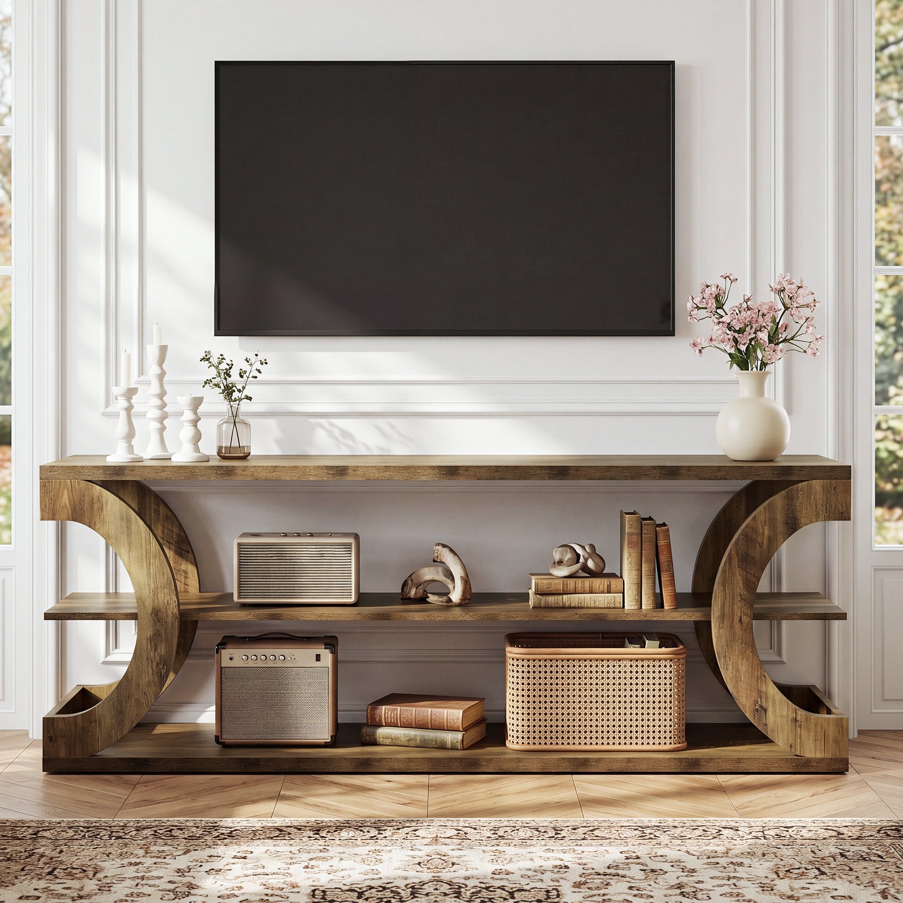 63" TV Stand for TVs up to 70", Farmhouse Entertainment Center with Shelves for Living Room