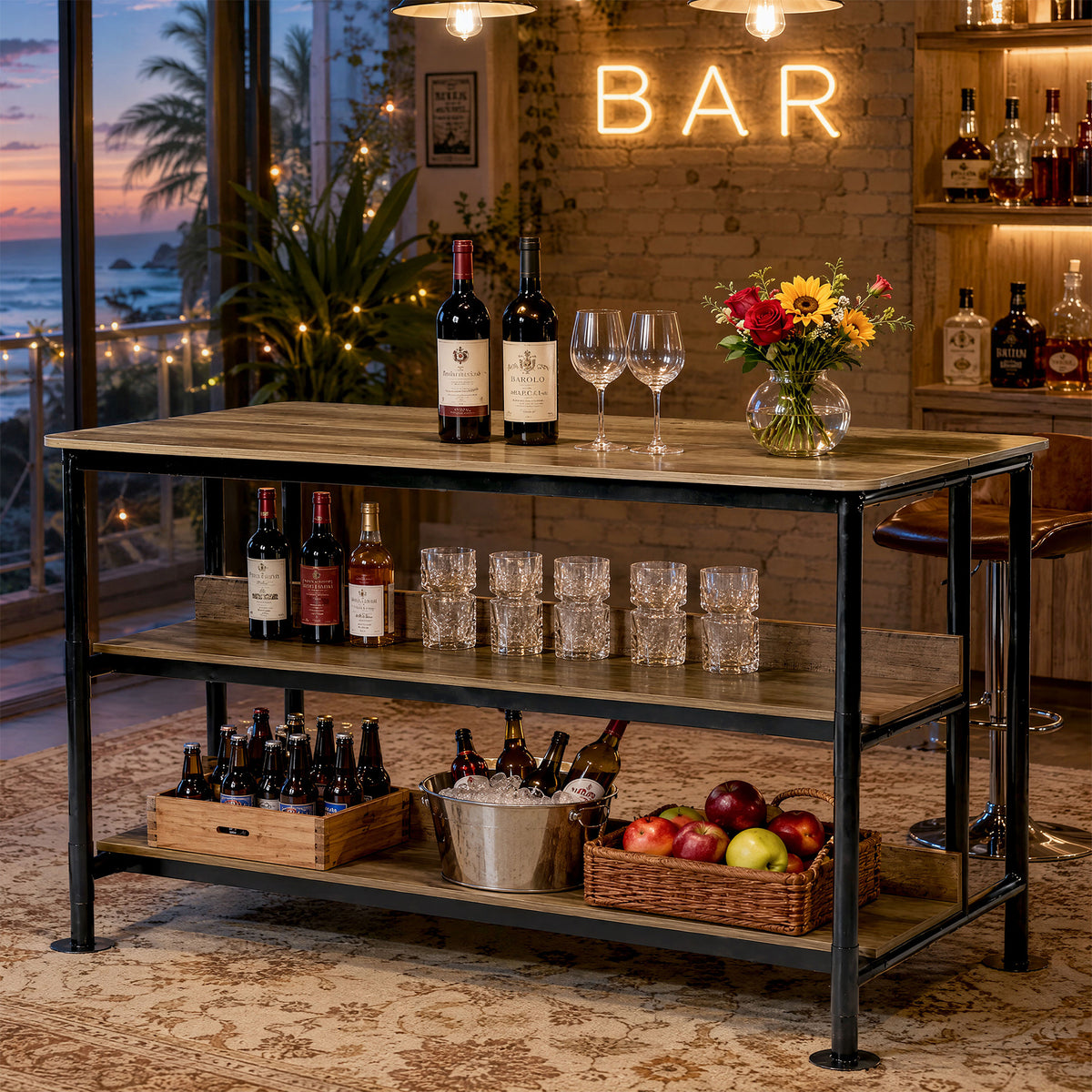 59" Home Bar Table with 3-Tier Storage Shelves, Counter Height, Kitchen Dining Room Pub Table