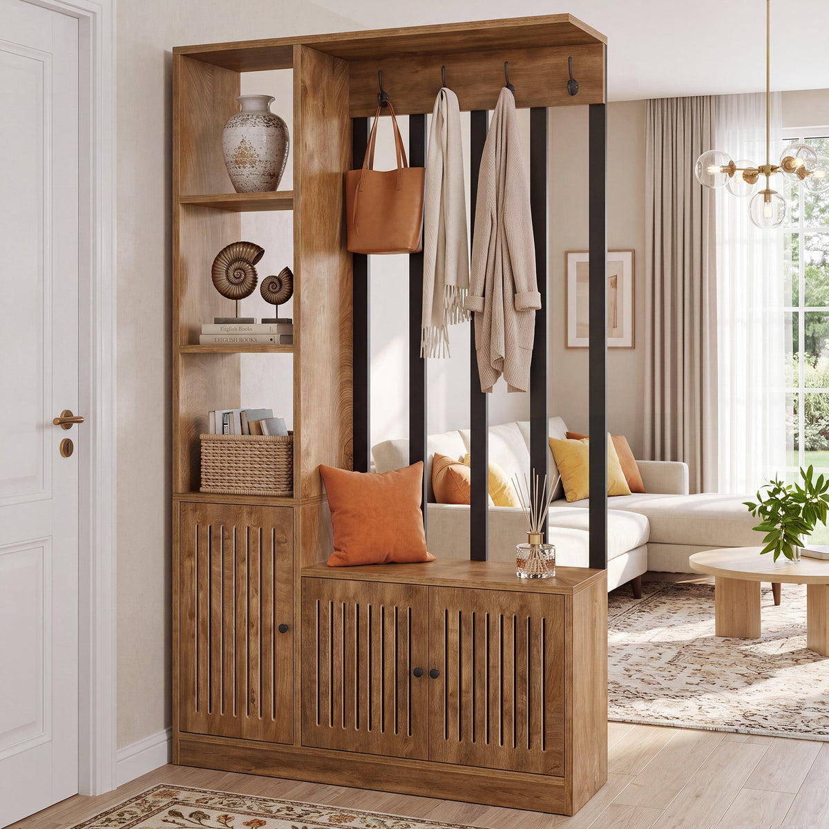 71" Room Divider, Freestanding Wall Partition with Cabinets, Shelves & Bench