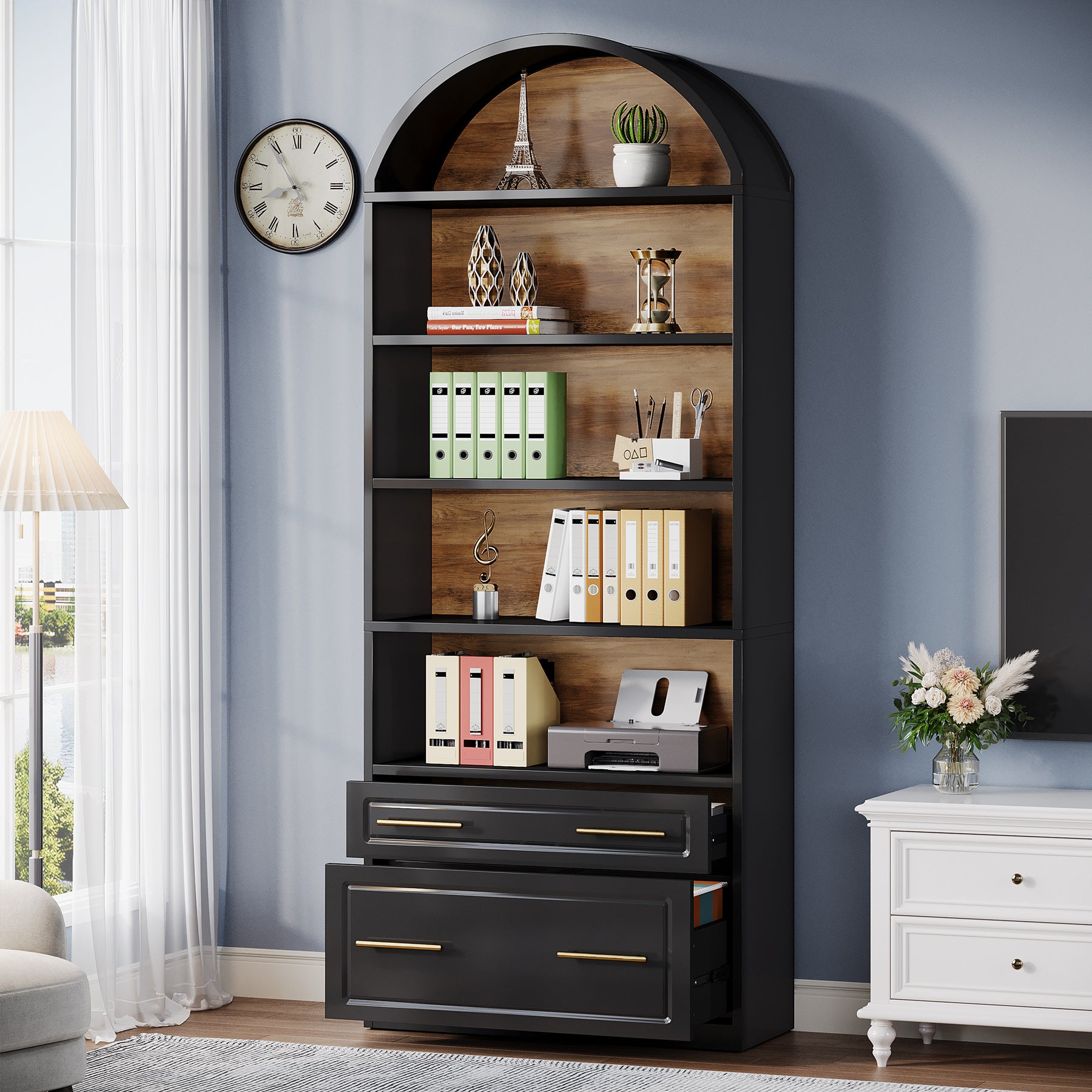 76.8" Arched Bookcase, 5-Tier Modern Bookshelf Display Shelf with File Cabinet Drawer