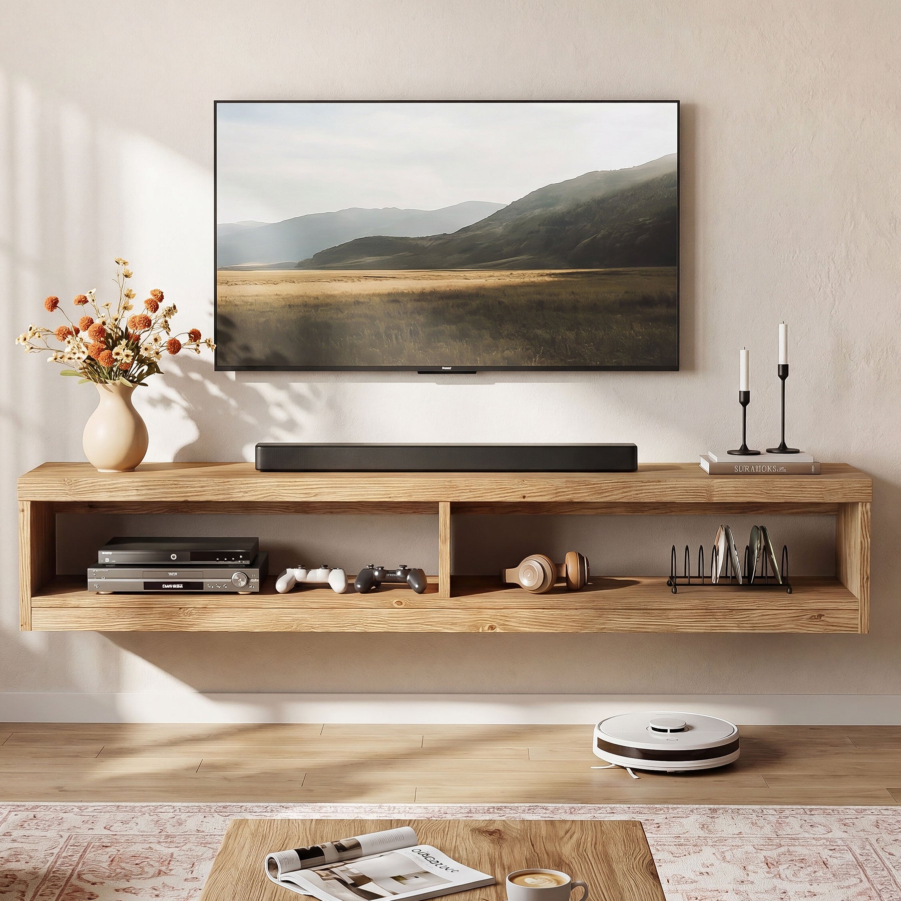 Tribesigns 55-Inch Floating TV Stand, Wall Mounted Solid Wood Media Console for Living Room and Bedroom