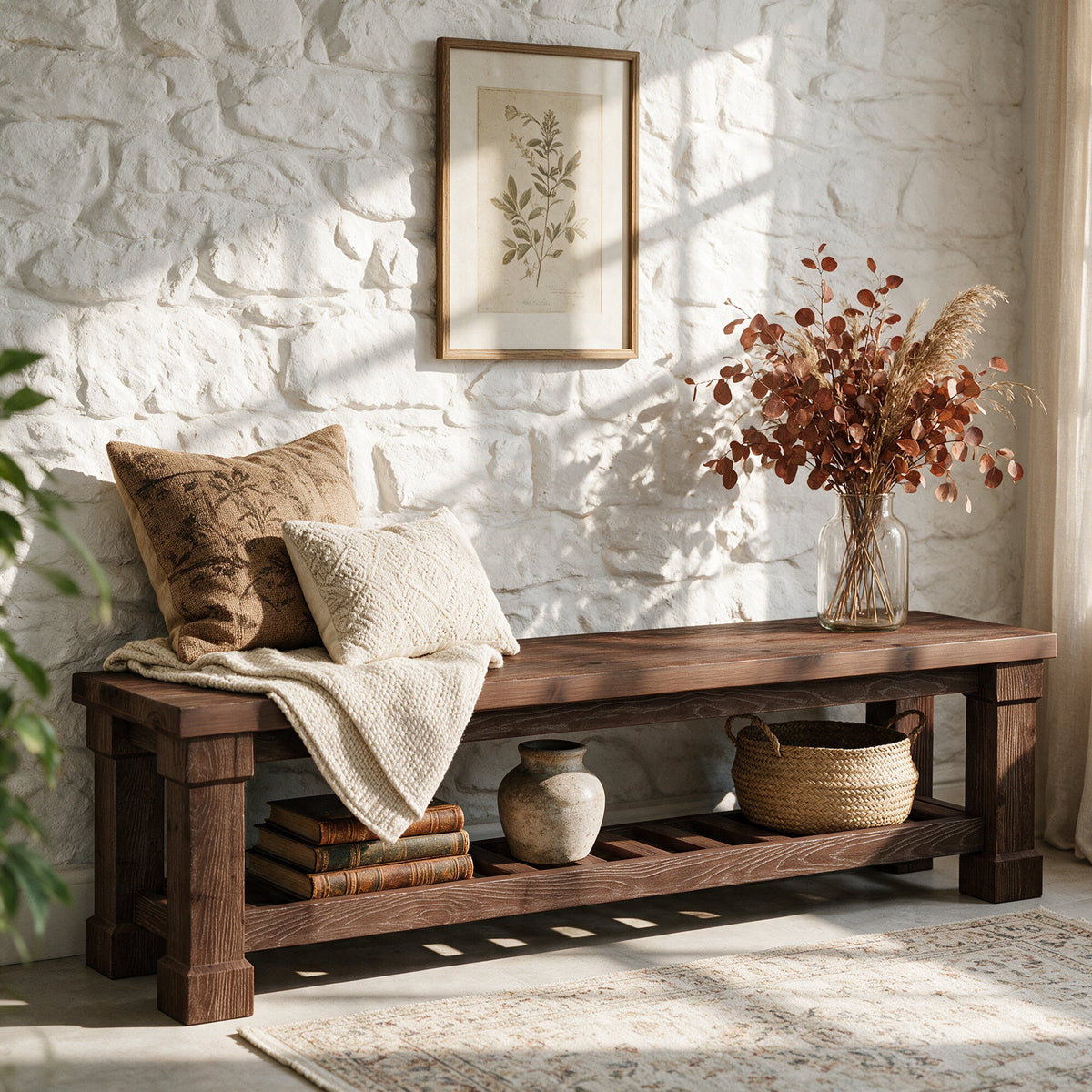 59" Solid Wood Entryway Bench with Shoe Storage, Farmhouse End of Bed Bench