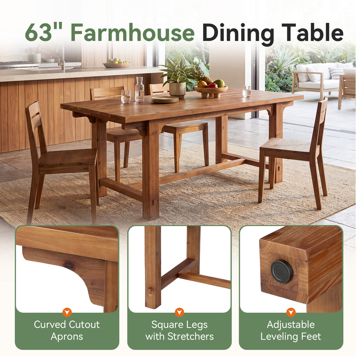 63" Solid Wood Dining Table for 4-6, Rectangular Kitchen Table with Thick Trestle Legs