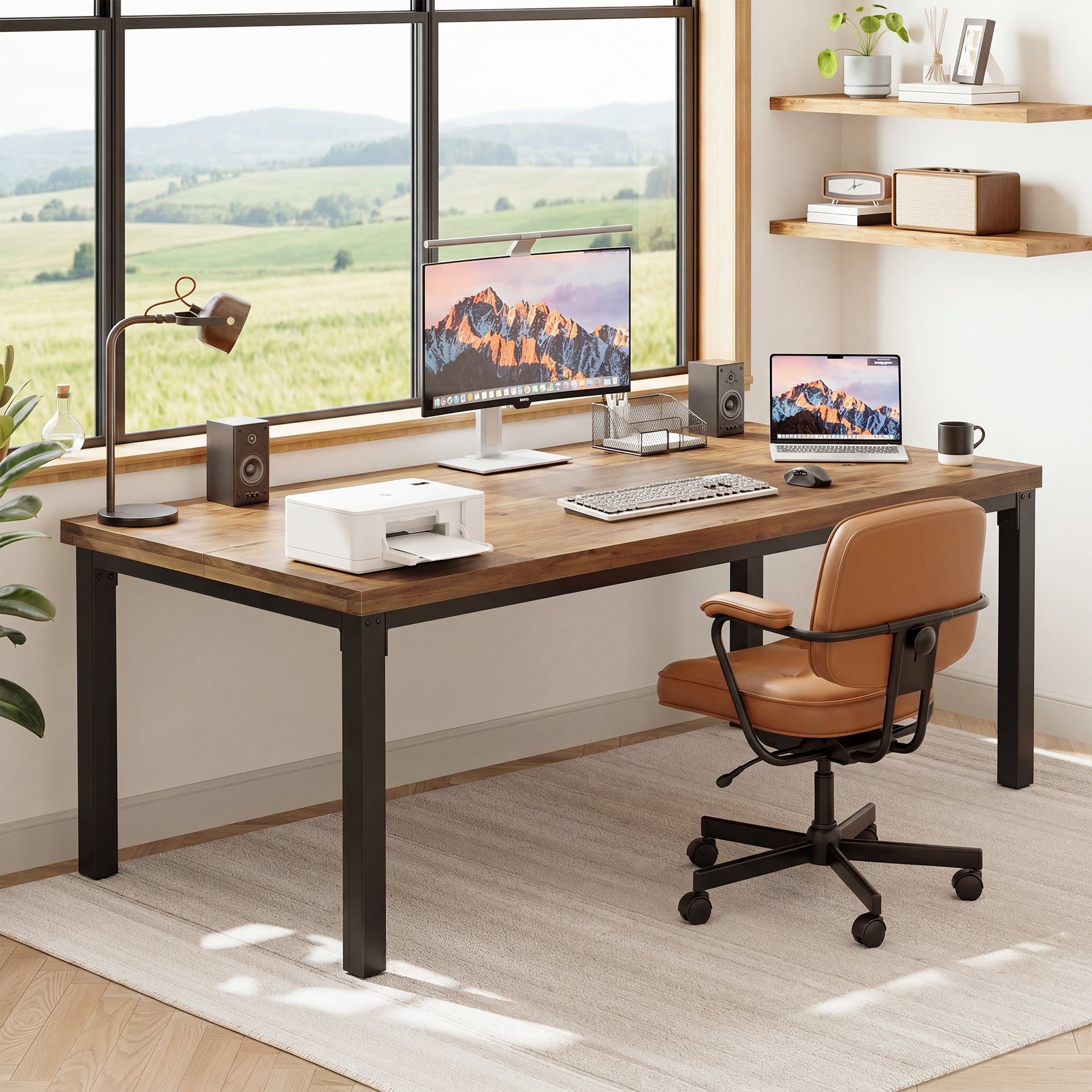 70.9" Computer Desk, Industrial Executive Office Desk with Solid Pine Wood Top