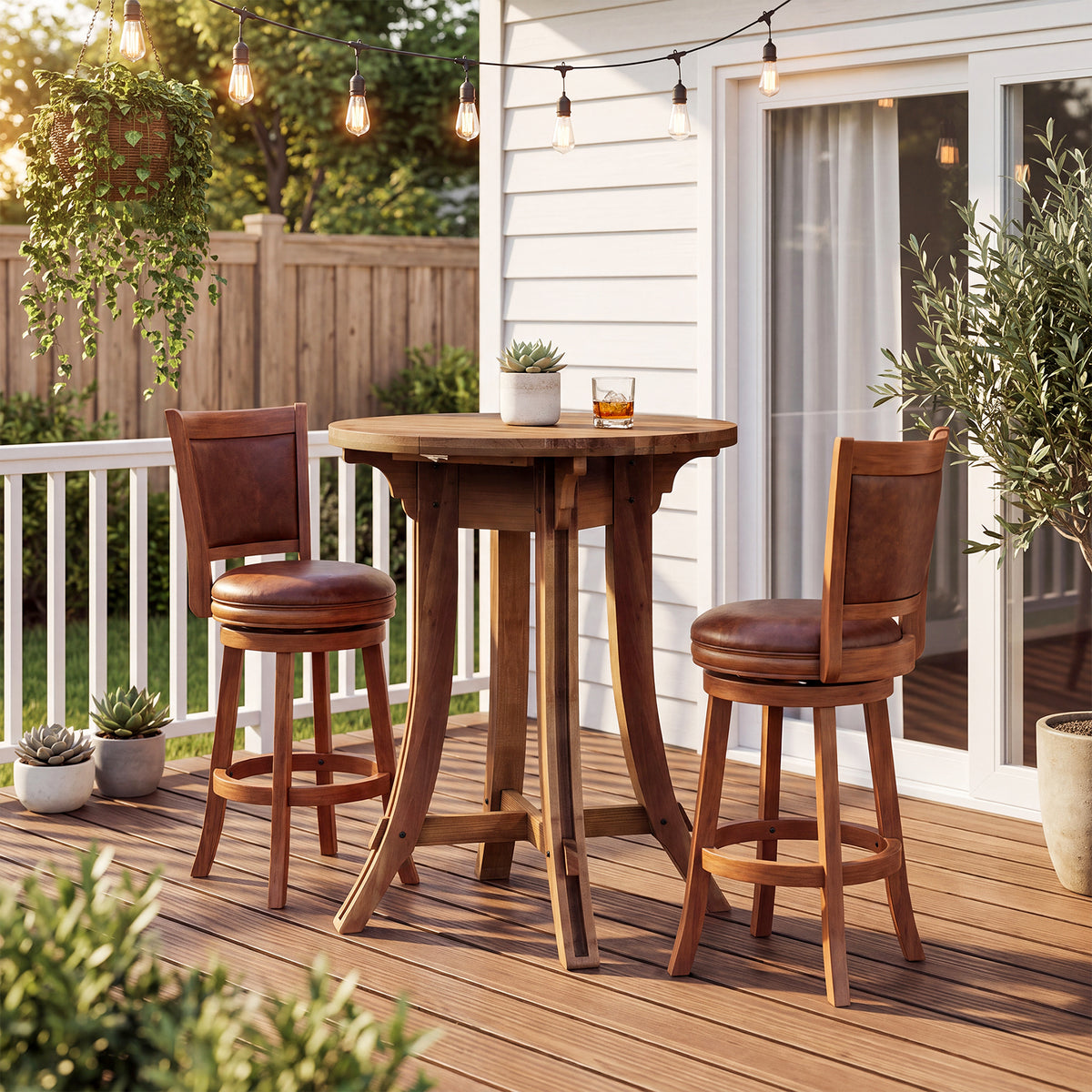 32" Round Bar Table with Footrest, Rustic Solid Wood Farmhouse Pub Table