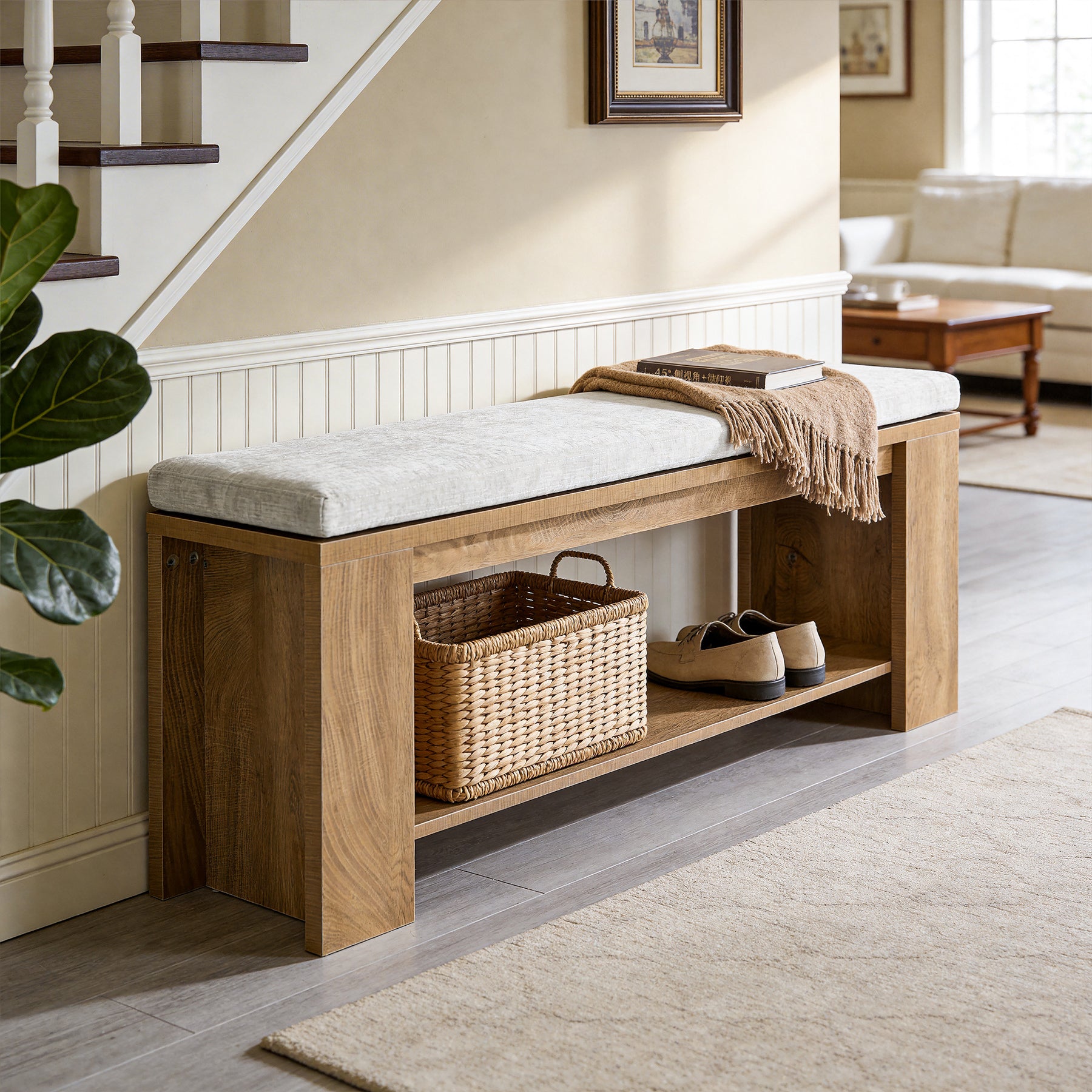 47" Upholstered Entryway Bench, Indoor End of Bed Bench with Padded Seat