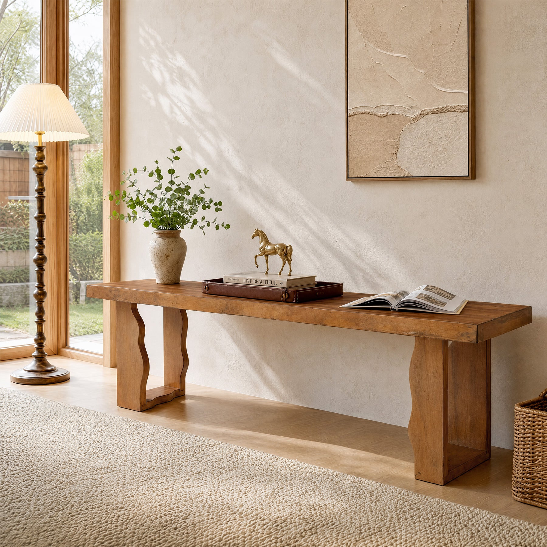 55-Inch Solid Wood Entryway Bench, 350 LB Shoe Bench with Thick Seat for Hallway