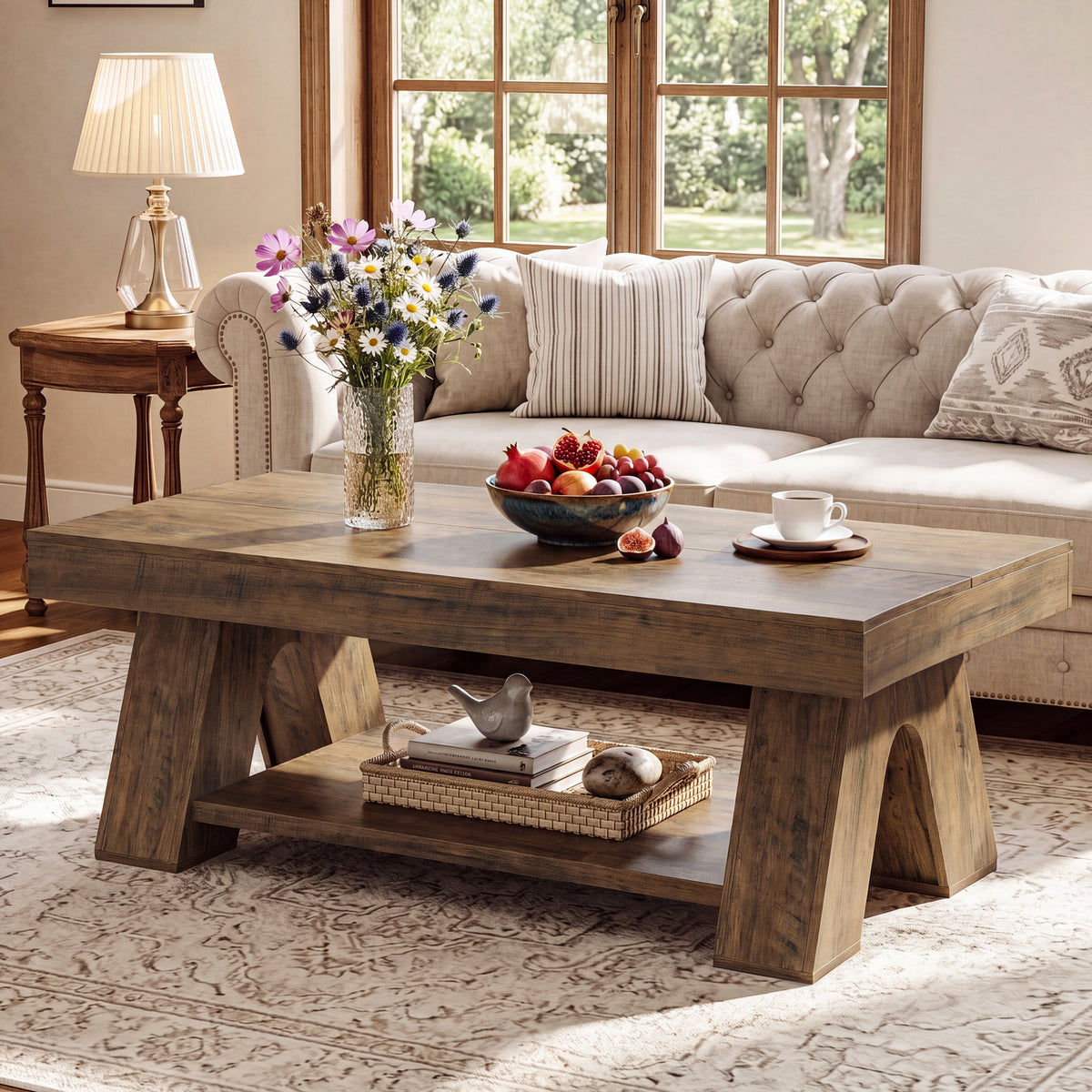Tribesigns 55.1-Inch Farmhouse Coffee Table with Storage Shelf, Large Rectangle Center Table for Living Room
