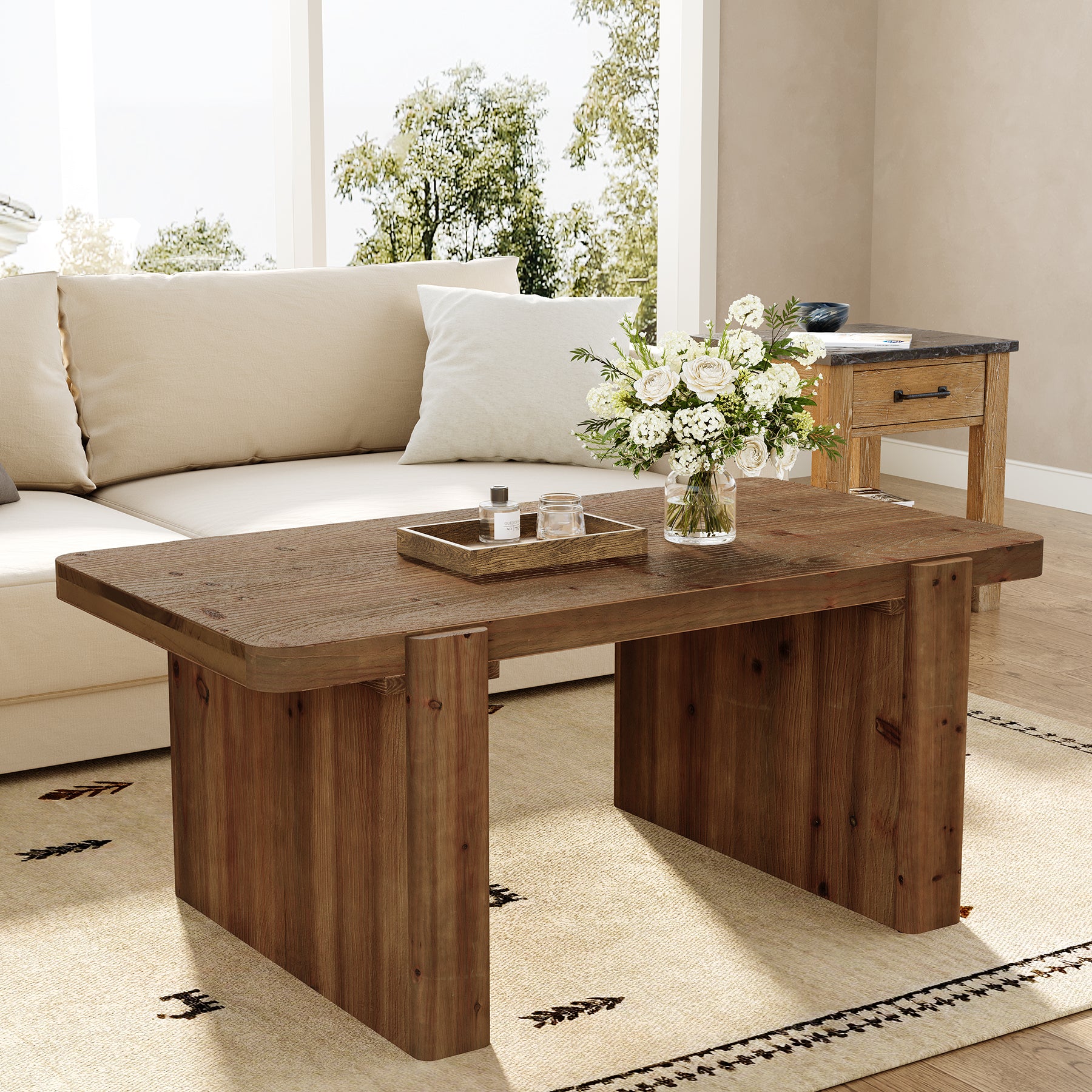 47" Solid Wood Coffee Table, Rectangular Center Table with Heavy-Duty Legs