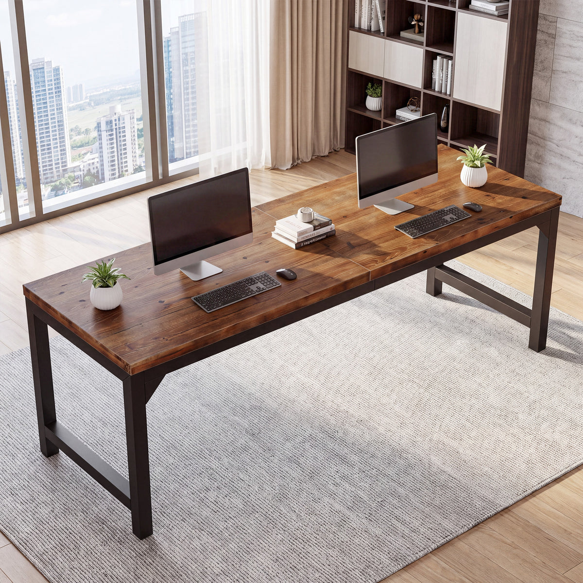Solid Wood 2-Person Desk, 78.74" Computer Desk with Metal Frame for  Home Office