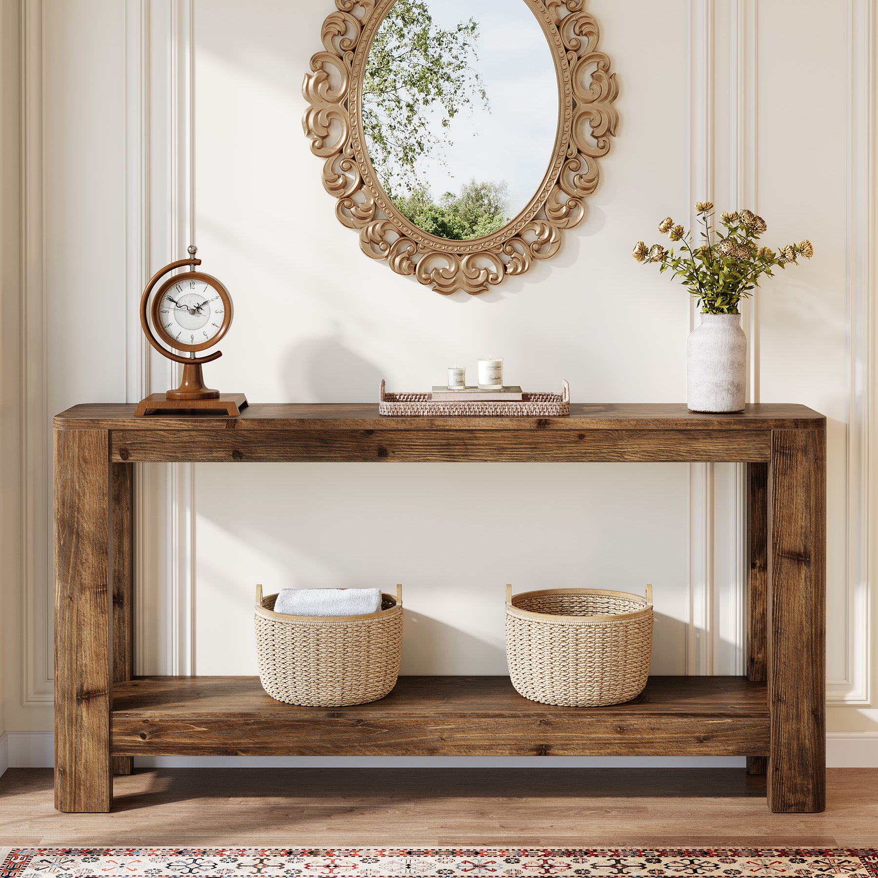 63" Solid Wood Console Table with Shelf, Slim Farmhouse Entryway & Sofa Table for Narrow Spaces
