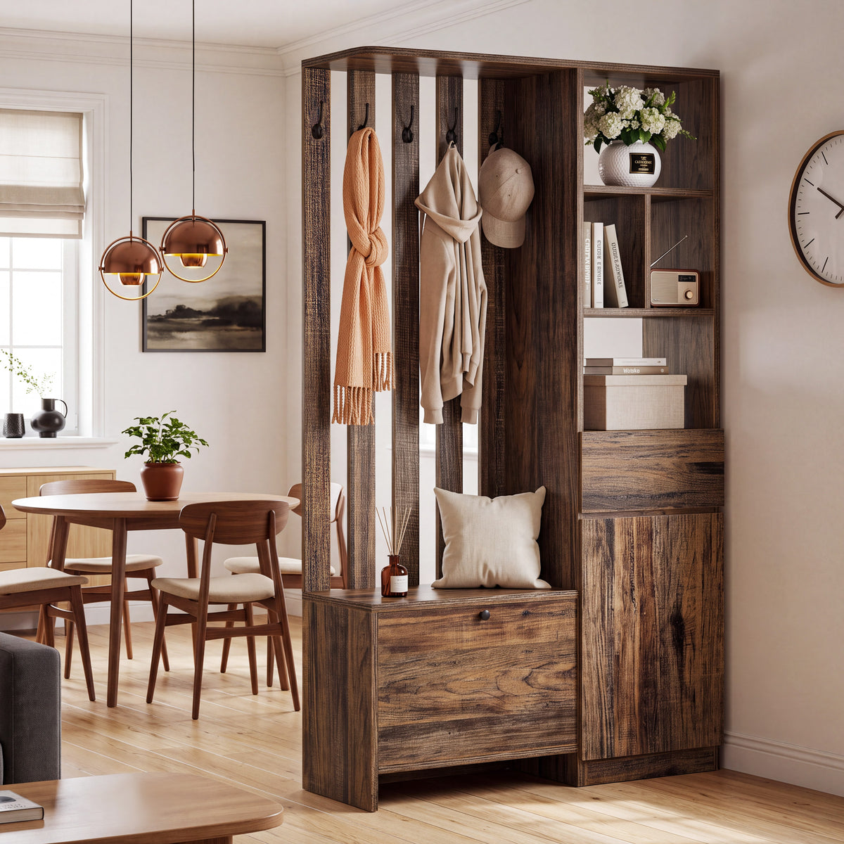 71" Freestanding Room Divider with Storage, 5-in-1 Entryway Coat Rack