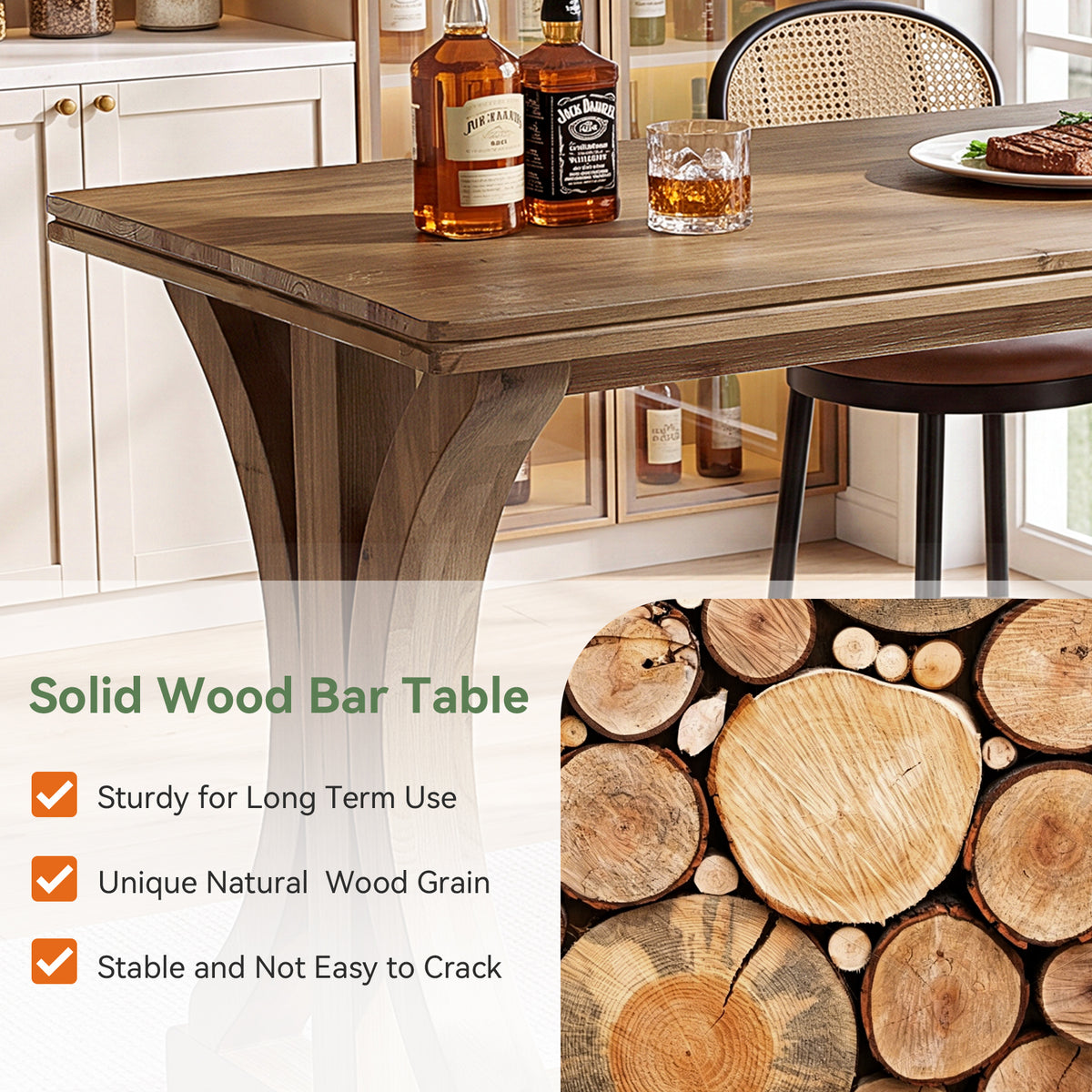 63" Counter Height Pub Table, Farmhouse Solid Wood Bar Table with X-Shaped Legs