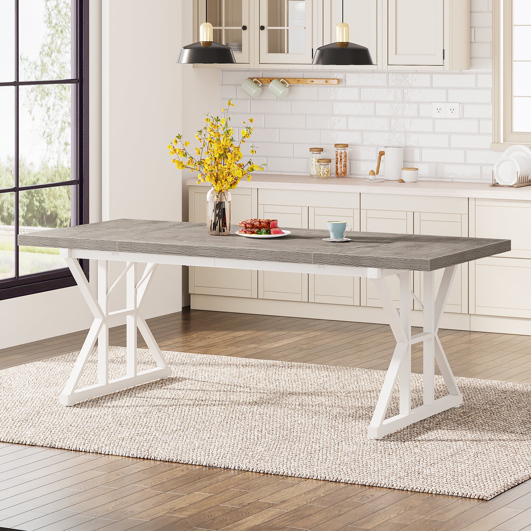 70.8" Farmhouse Dining Table for 6, Rectangular Wood Kitchen Table with Metal Legs