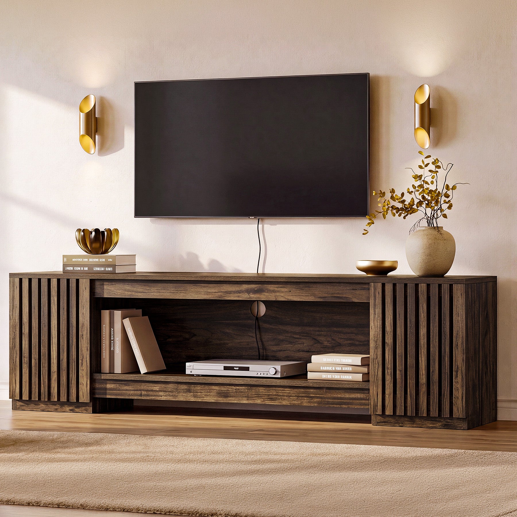 78" TV Stand for Up to 85" TVs, Farmhouse TV Console Table with Cabinets & Open Shelf