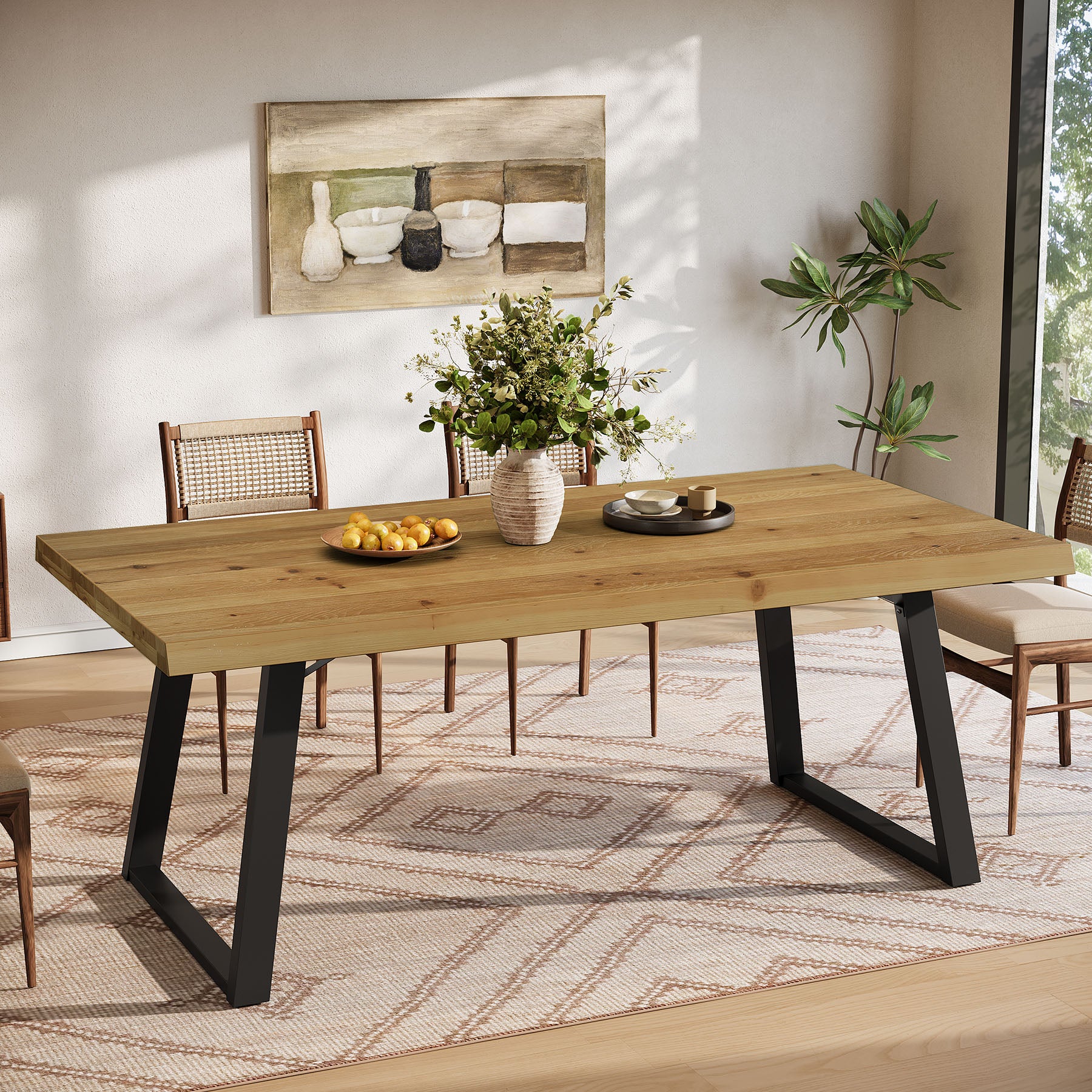 63" Solid Wood Dining Table for 4-6, Rectangular Kitchen Table with Metal Legs