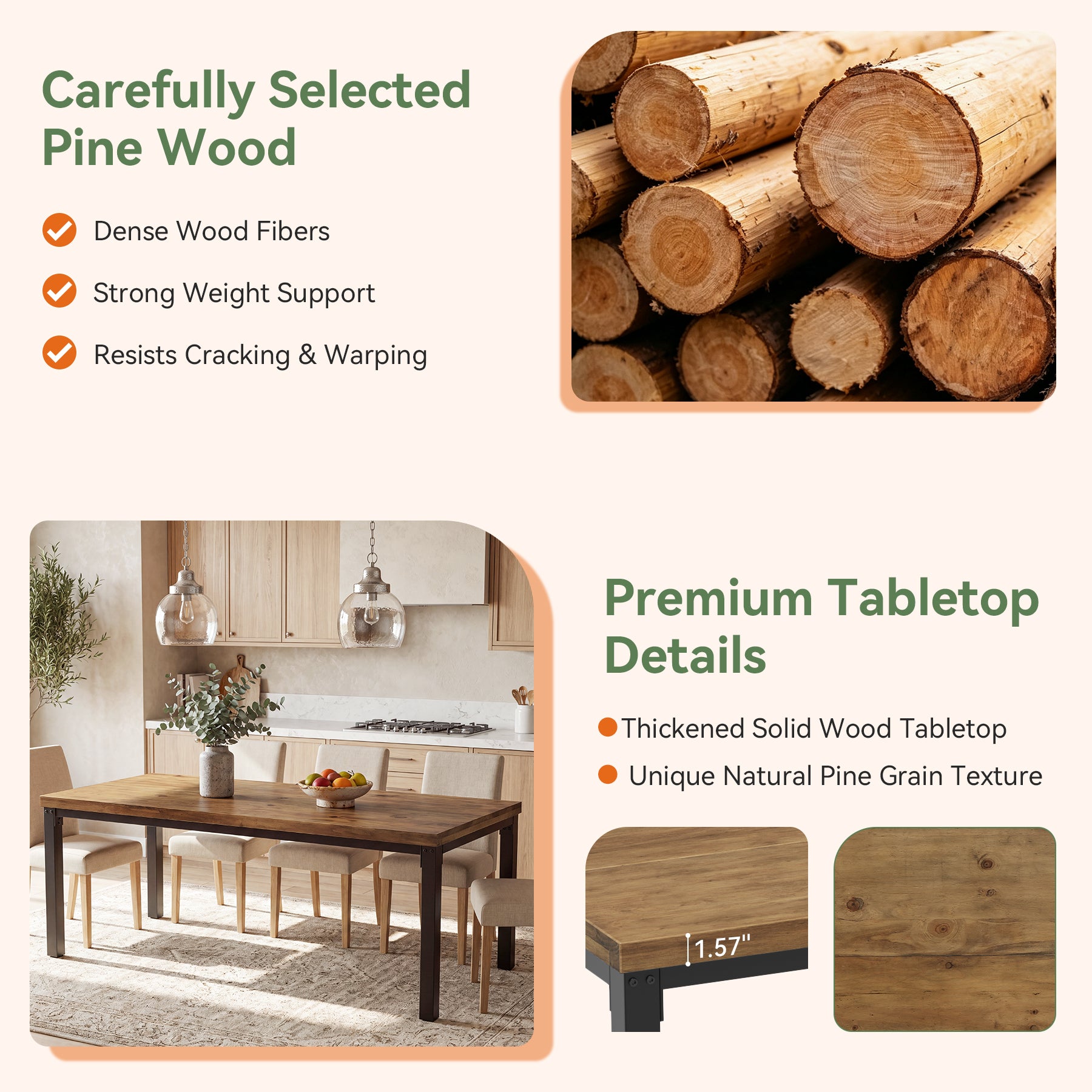 70.9" Solid Wood Dining Table, Farmhouse Kitchen Table with Thick Tabletop for 4-8 People