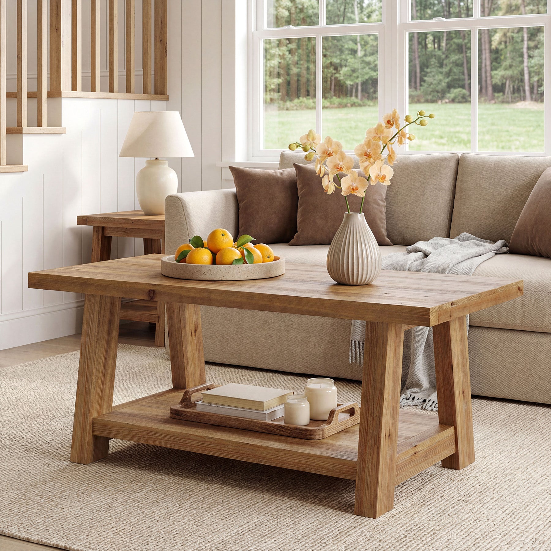 Solid Wood Coffee Table, 2-Tier Rectangle Center Table with Lower Storage Shelf