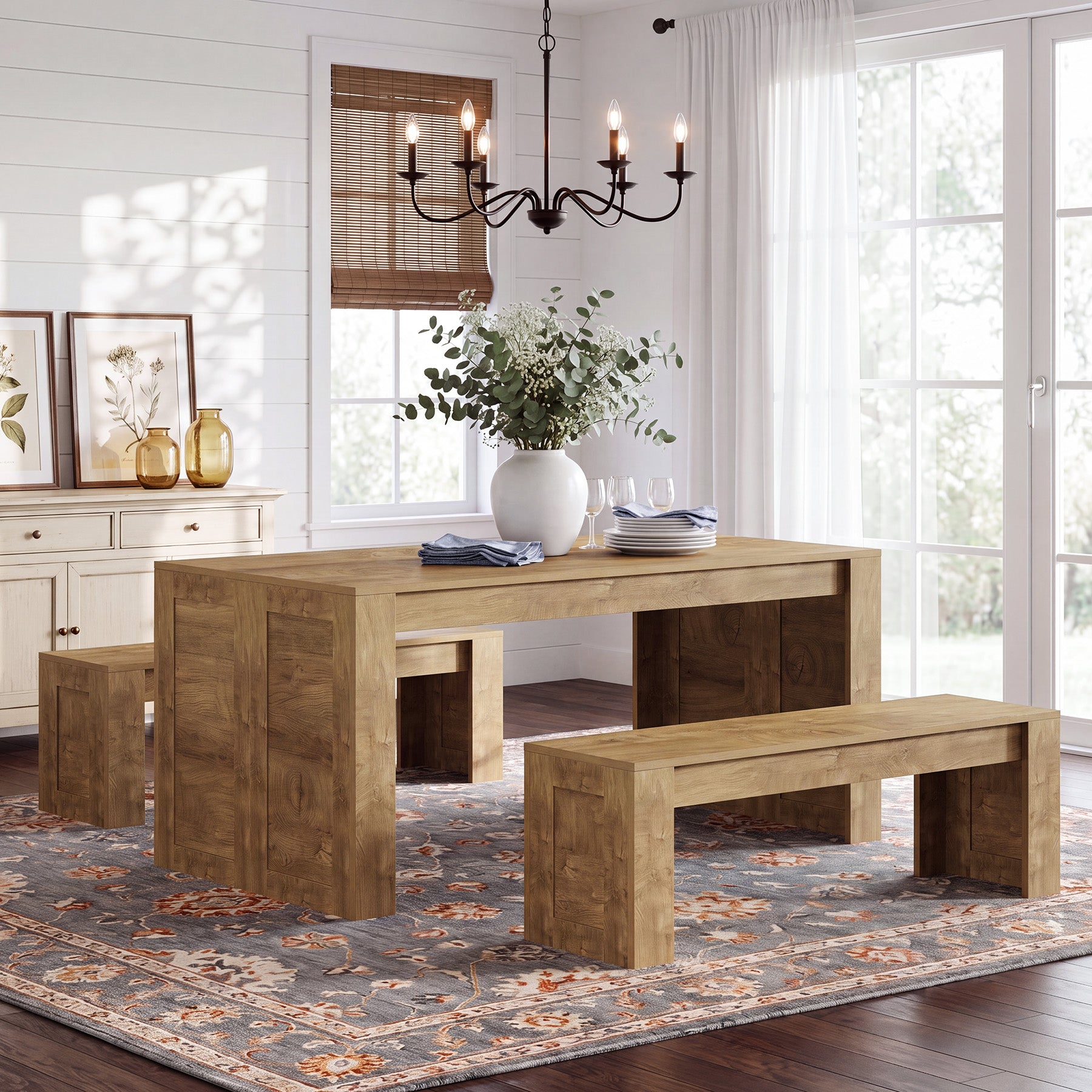 55" Dining Table Set,  Wooden Kitchen Table for 4-6 with 2 Benches