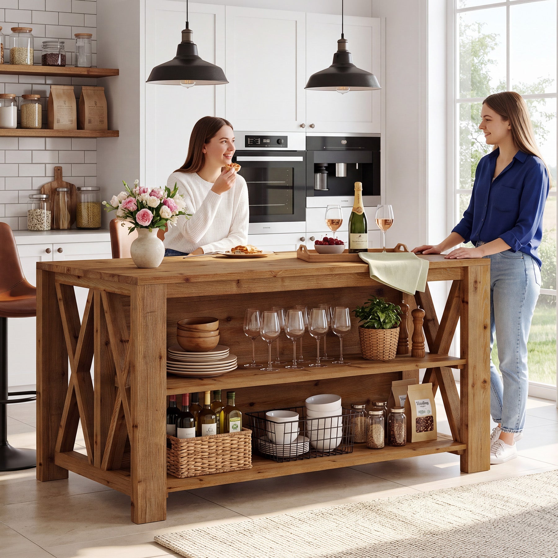 55" Solid Wood Kitchen Island, 3-Tier Stationary Storage Table For Kitchen Dining Room