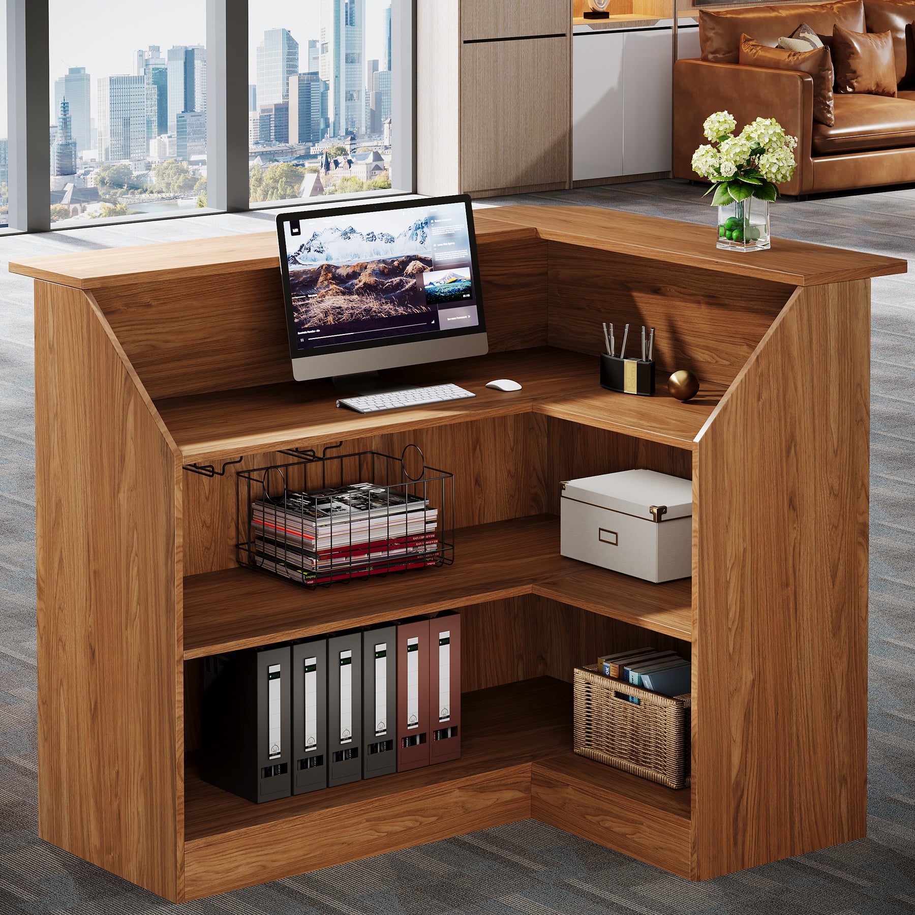 L-Shaped Reception Desk with Storage Shelves, Modern Front Desk for Small Office or Salon
