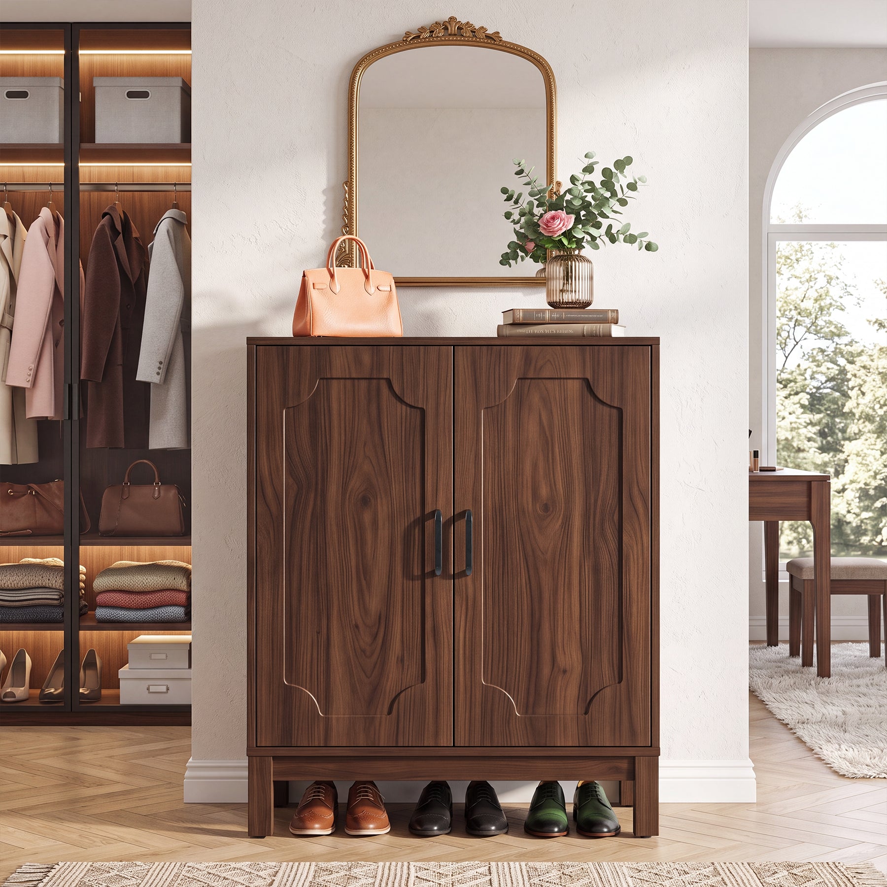 5-Tier Shoe Cabinet, Farmhouse Shoe Storage Organizer with Doors & Adjustable Shelves