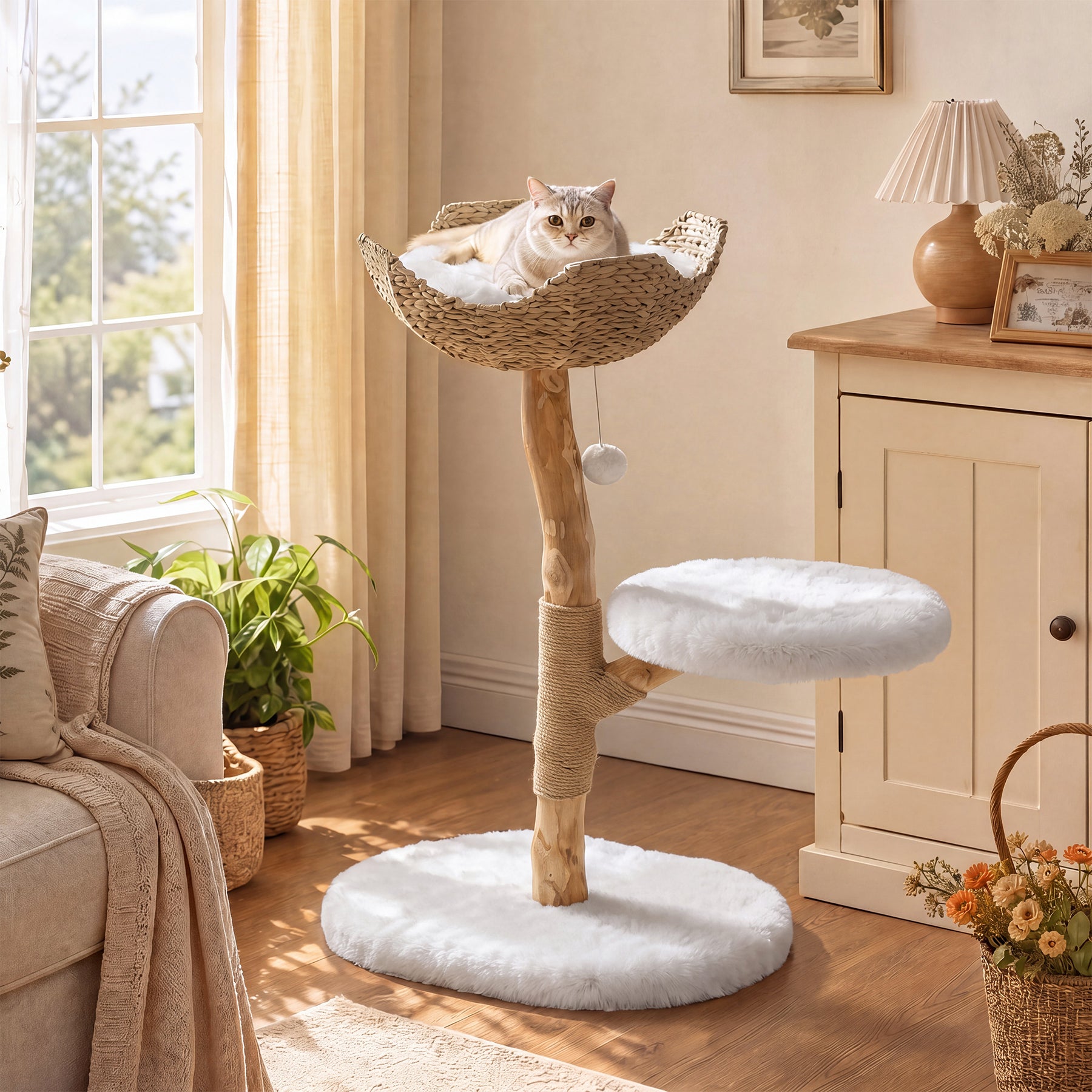 35" Tall Solid Wood Cat Tree, Boho Cat Tower with Cat Ear Wicker Basket Bed with Real Branch Design