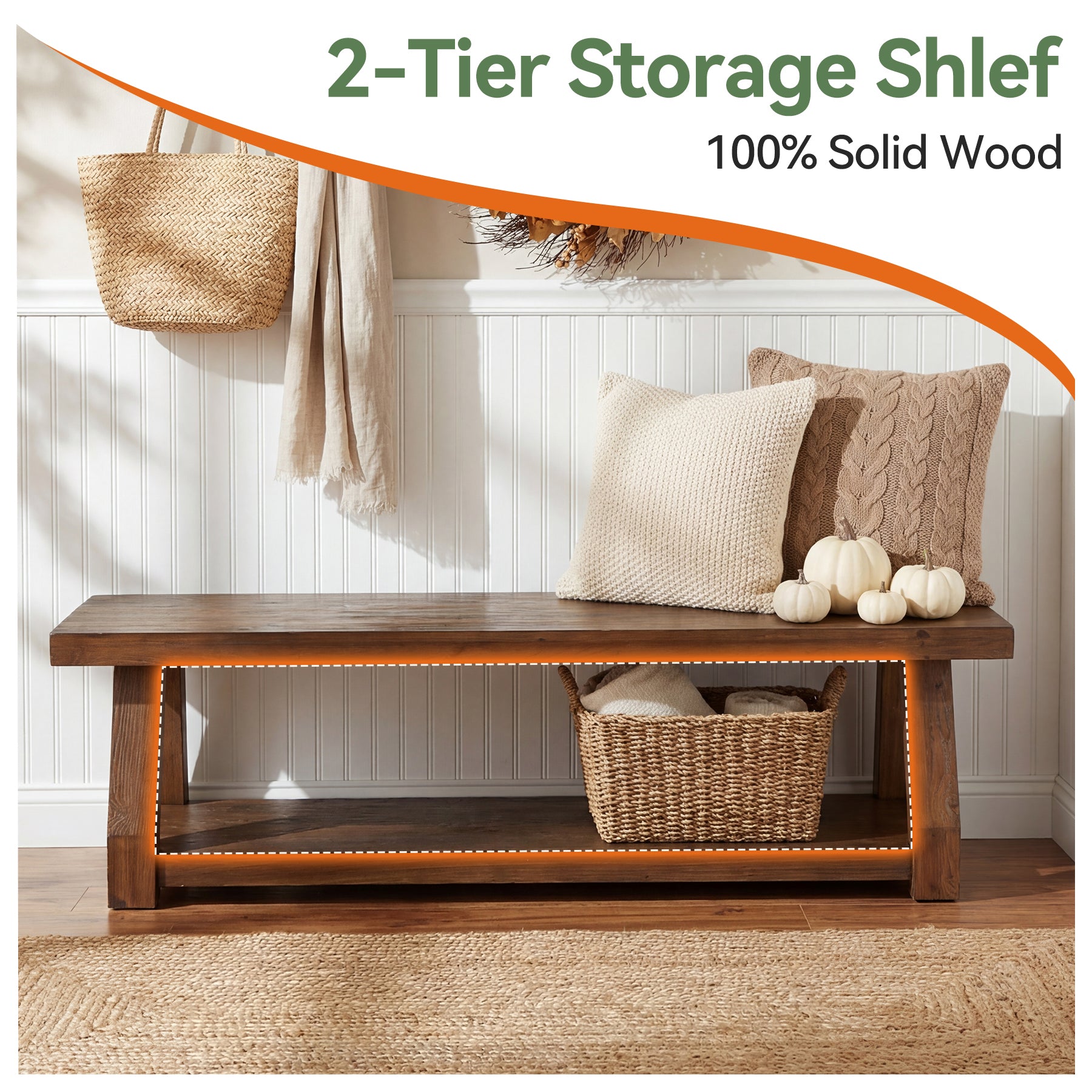 63" Solid Wood Entryway Bench with Shoe Storage, 2-Tier Rustic Shoe Bench for Hallway, Living Room & Bedroom