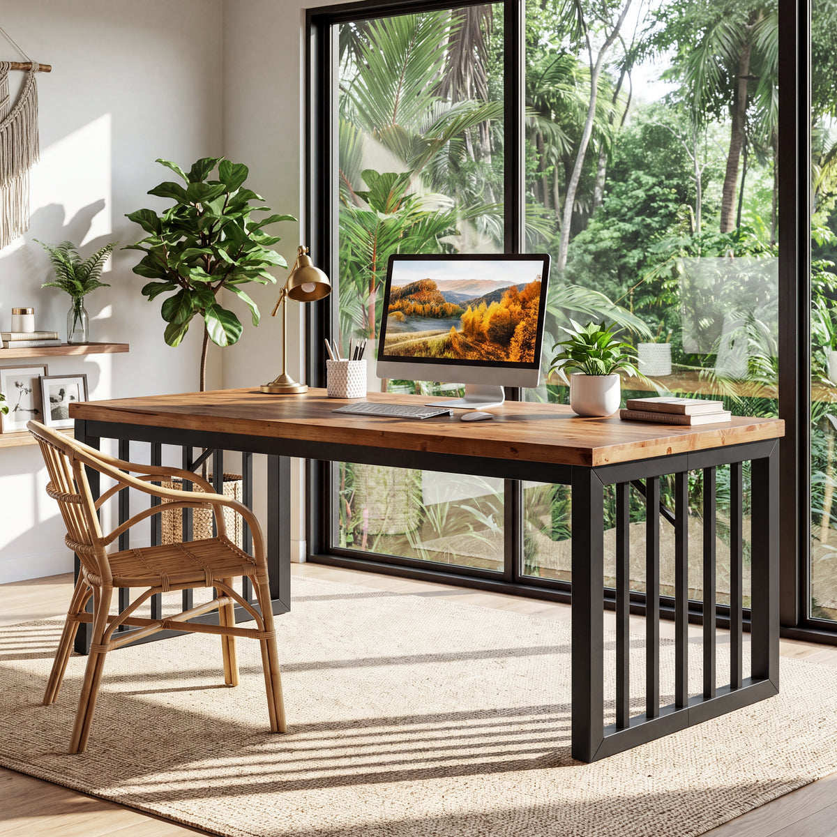 Tribesigns 63-Inch Solid Wood Computer Table, Large Home Office Desk with Metal Frame, Rustic Farmhouse Work Table