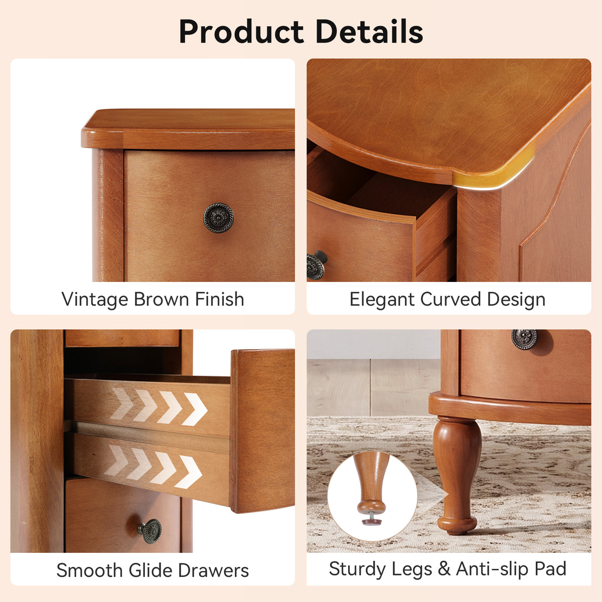 25.78 Inch Solid Wood End Table with 3 Drawers, Vintage Narrow Side Table