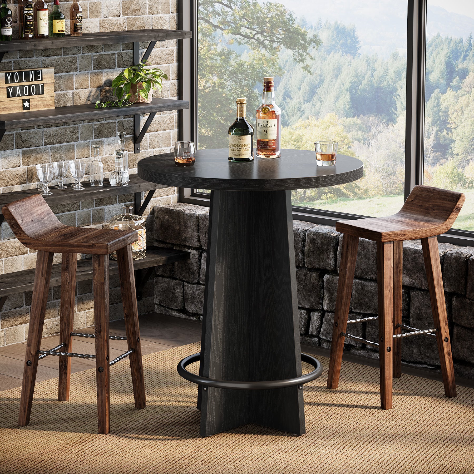 37.4" Bar Table, Wooden Bistro Pub Table with Metal Ring Footrest