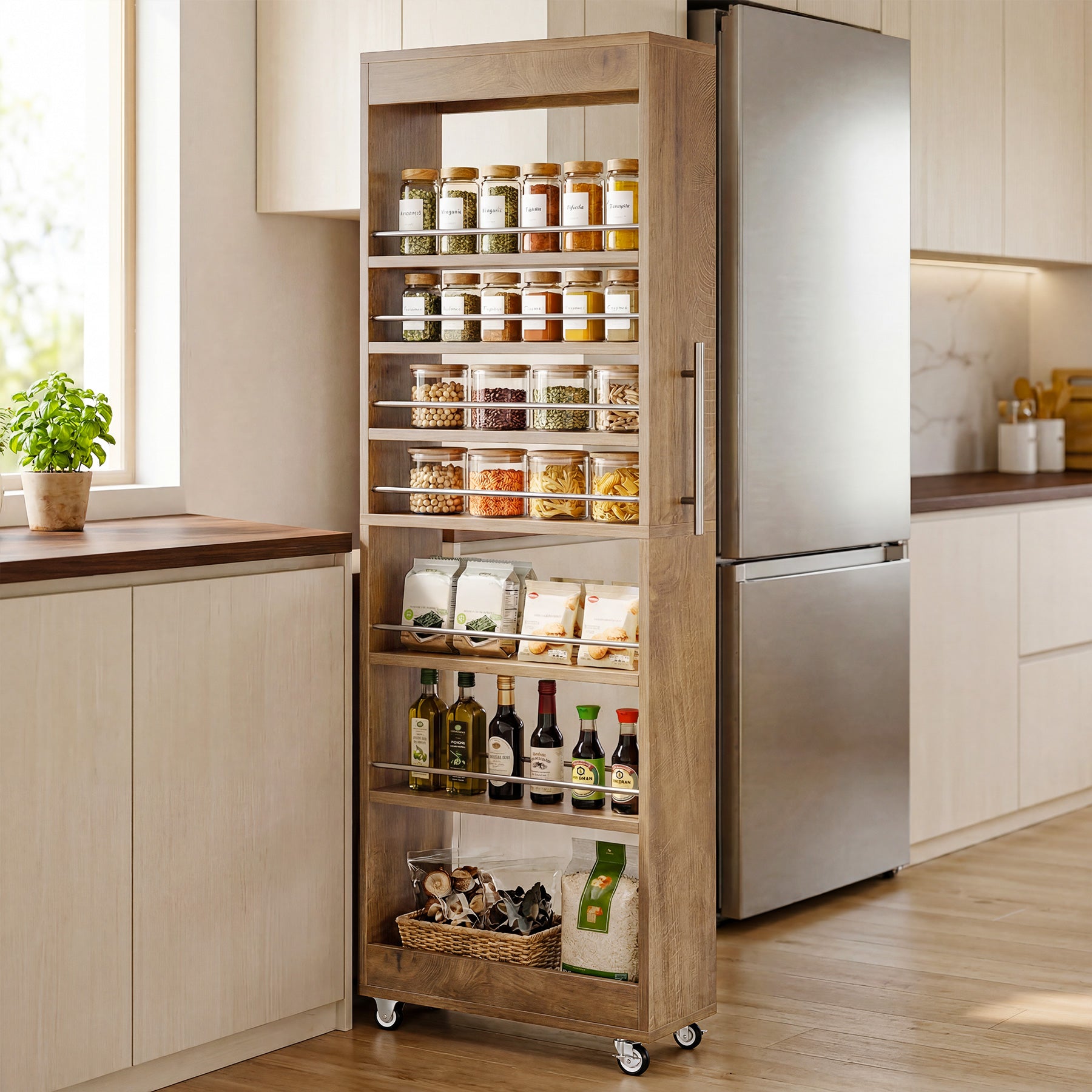 73" Slim Storage Cart on Wheels, 7-Tier Narrow Pantry Rack Cabinet Organizer