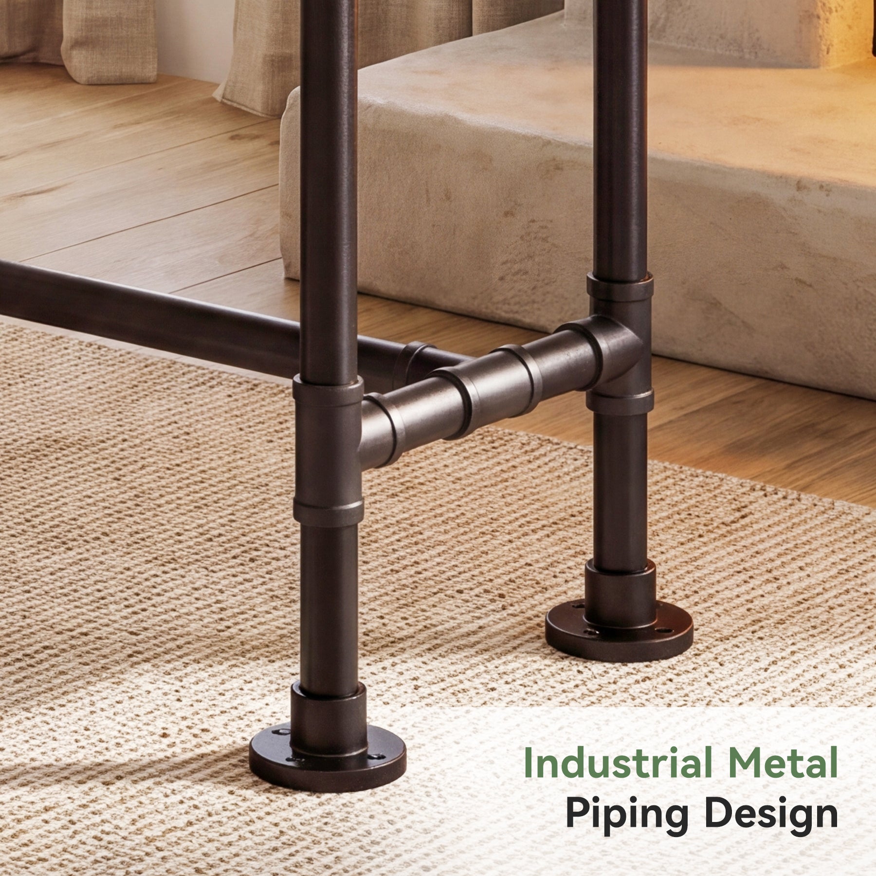 Industrial Narrow End Table with Metal Pipe Frame, Solid Wood Side Table, Living Room
