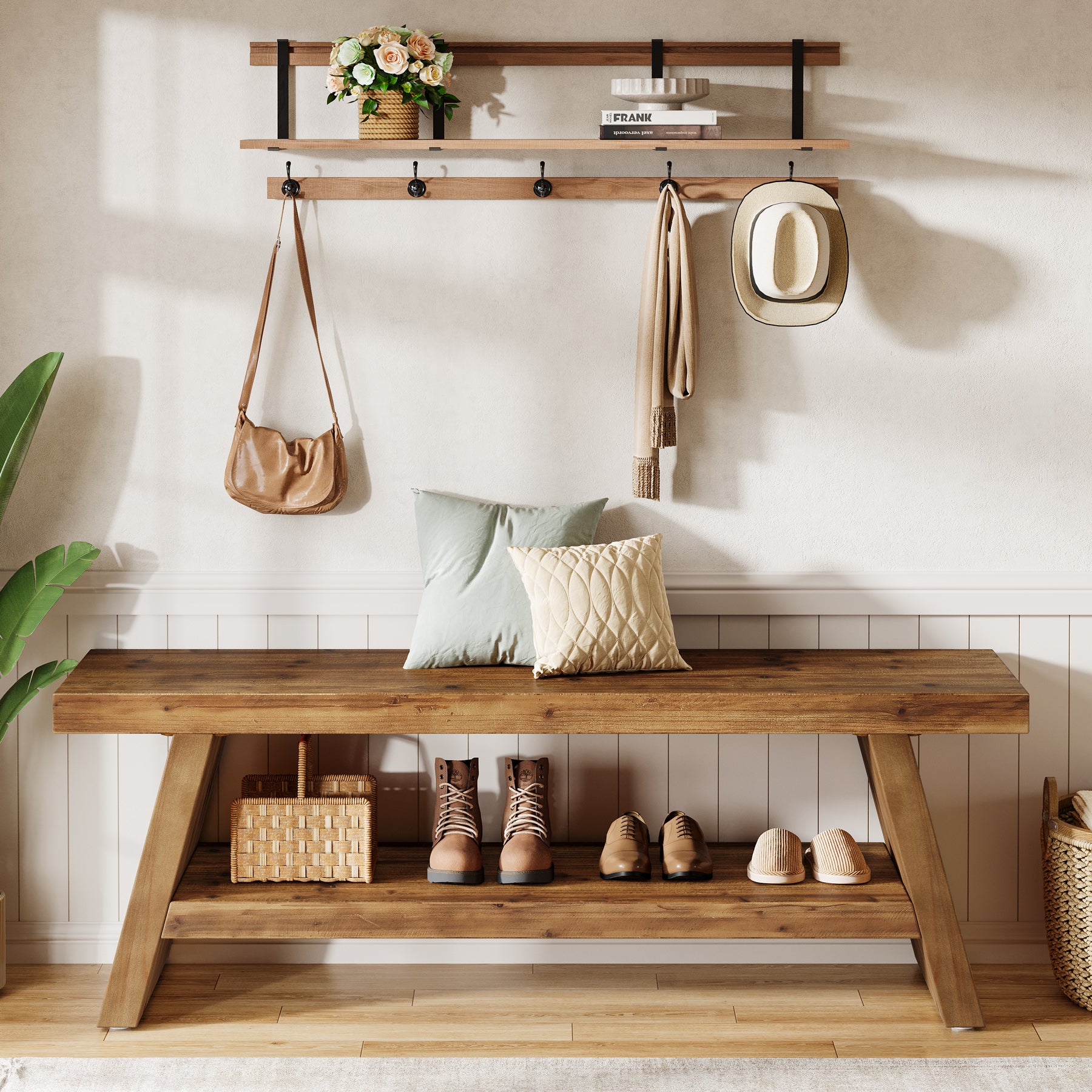 2-Tier Entryway Bench, Solid Wood Shoe Bench with Open Shelves