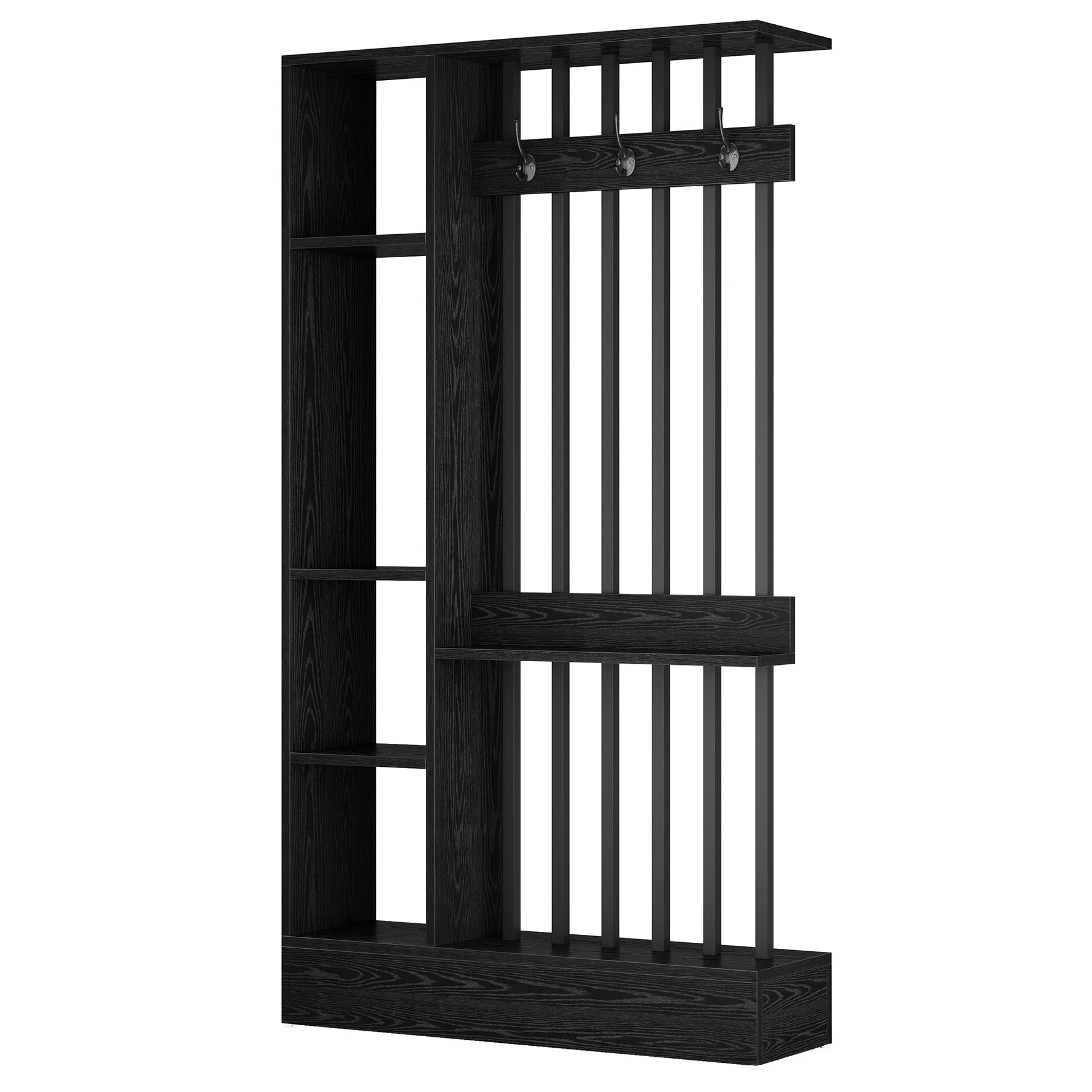 71" Wall Room Divider, Wood Freestanding Wall Partition Bookcase with Coat Hooks