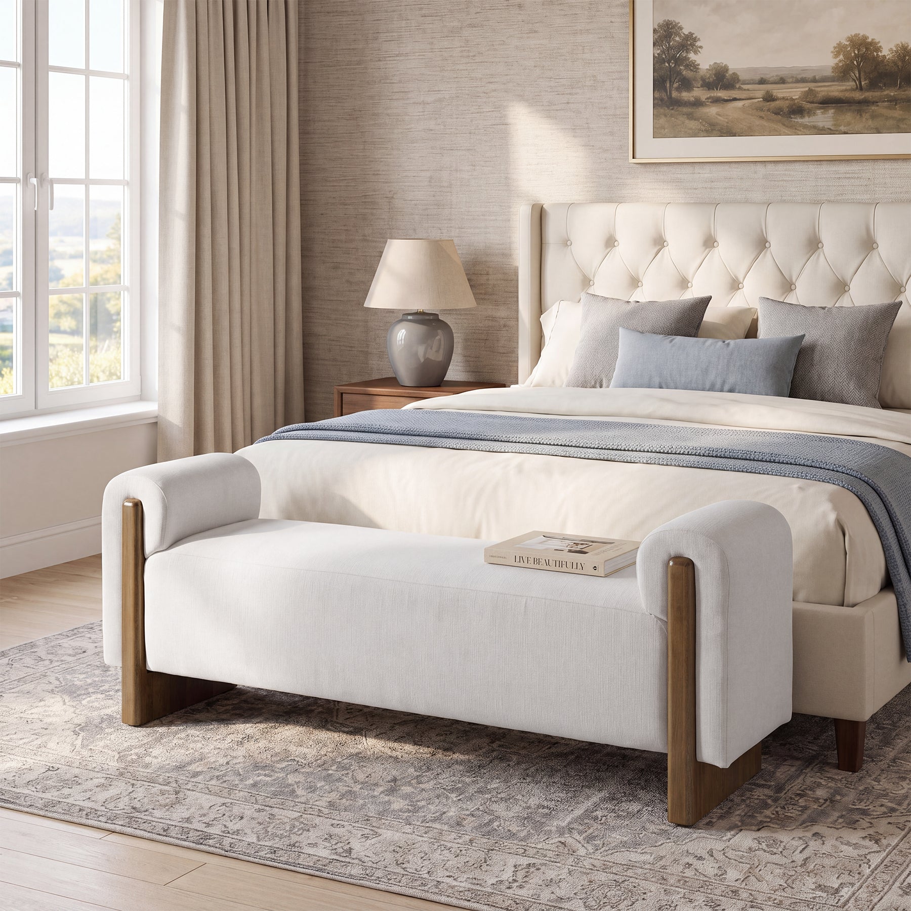 55" End of Bed Bench with Arms, Modern Upholstered Bedroom Bench, Solid Wood Base