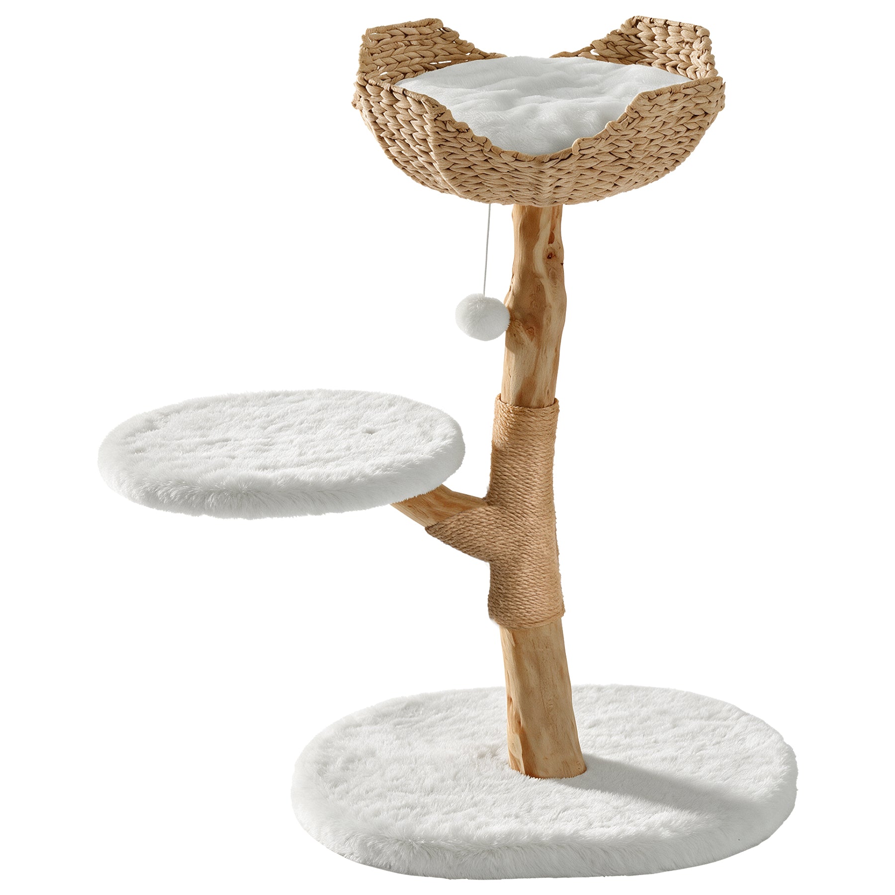 35" Tall Solid Wood Cat Tree, Boho Cat Tower with Cat Ear Wicker Basket Bed with Real Branch Design
