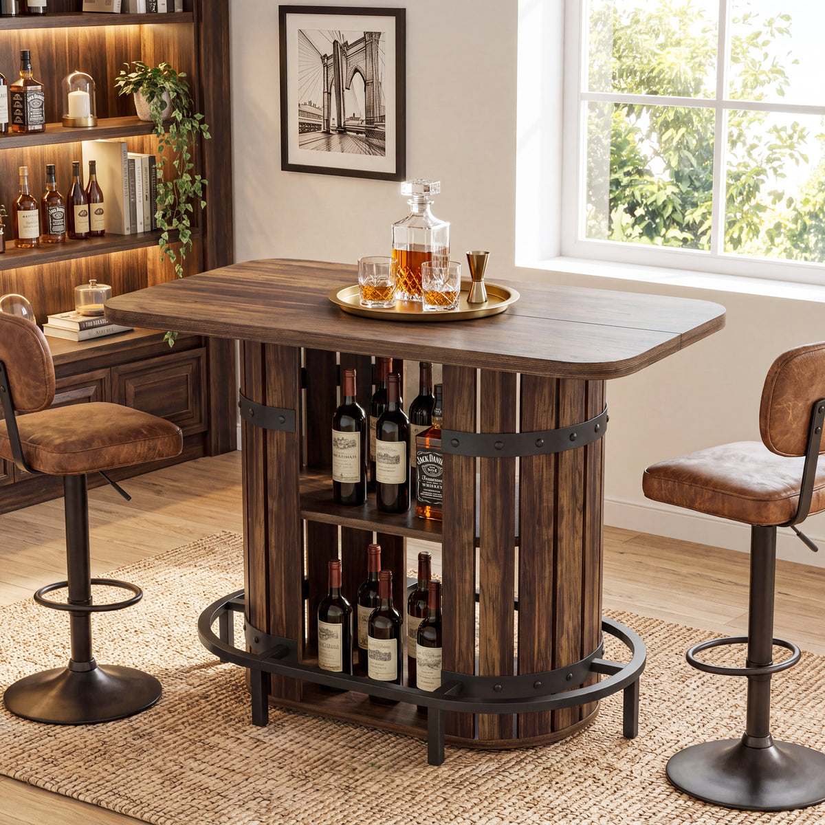 47.24" Bar Table, Farmhouse Counter Height Table with Storage & Metal Footrest